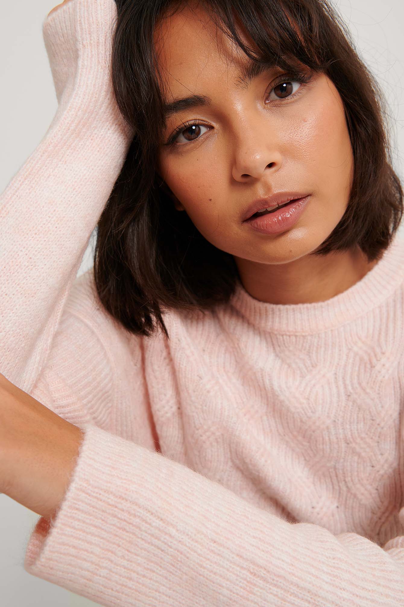 Pink Pull En Maille Torsadée À Col Rond