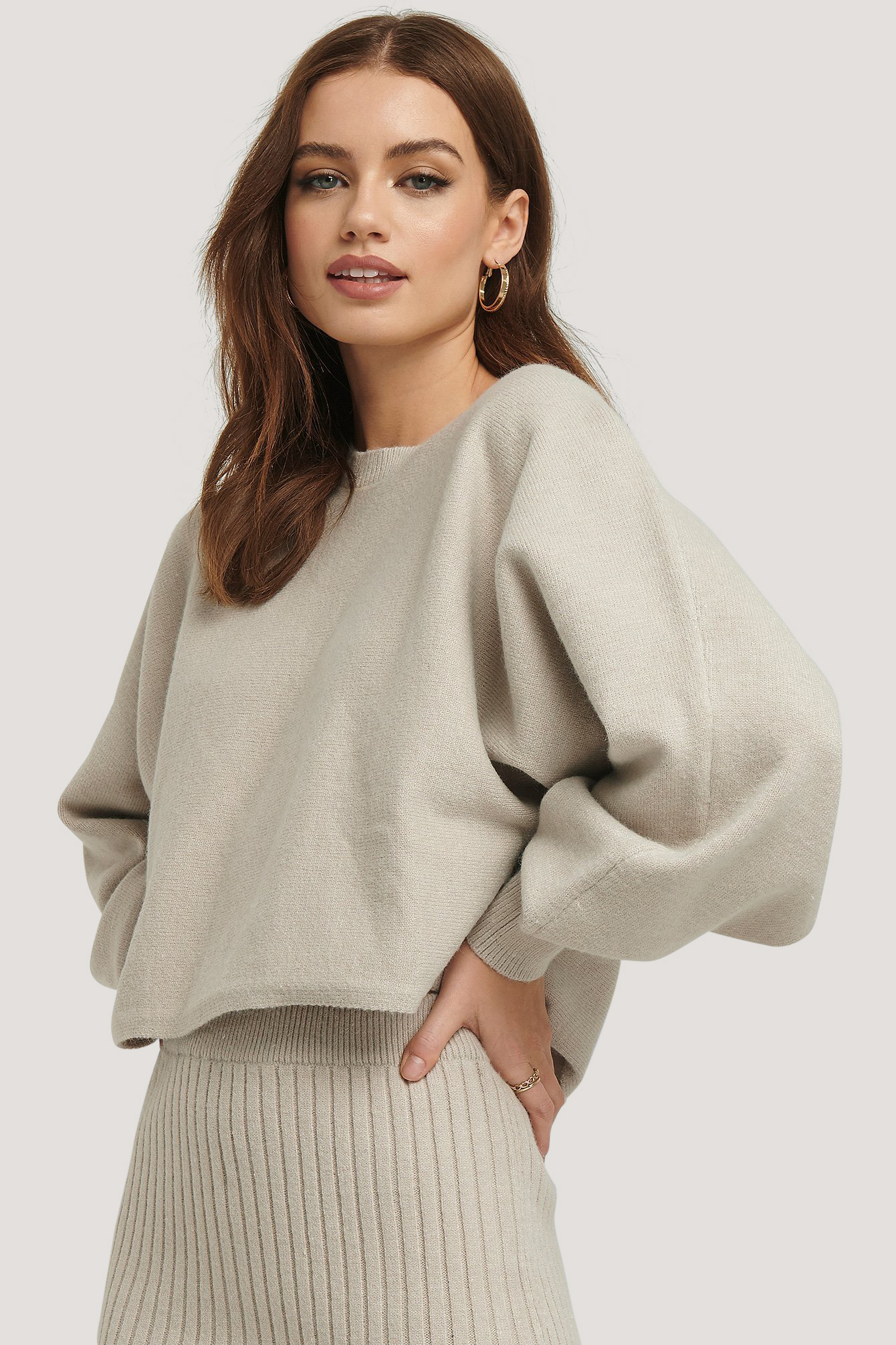Beige NA-KD Round Neck Cropped Knitted Sweater
