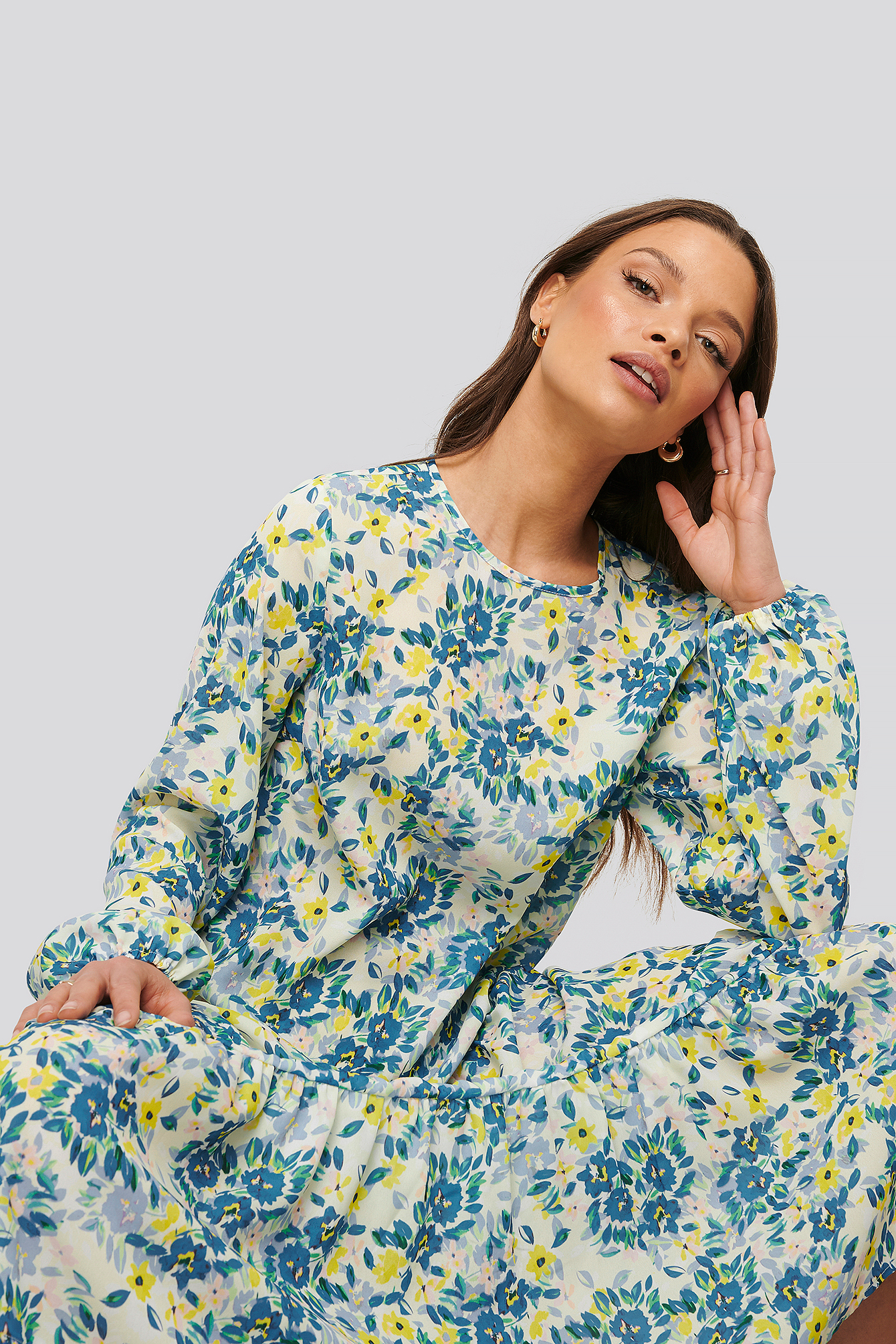 Yellow Flower Robe Midi En Mousseline