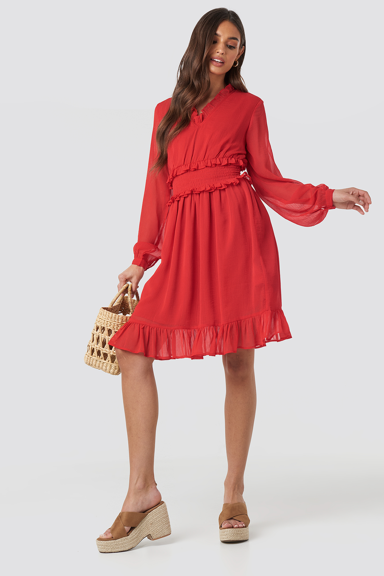 Red Ruffle Details Flowy Mini Dress