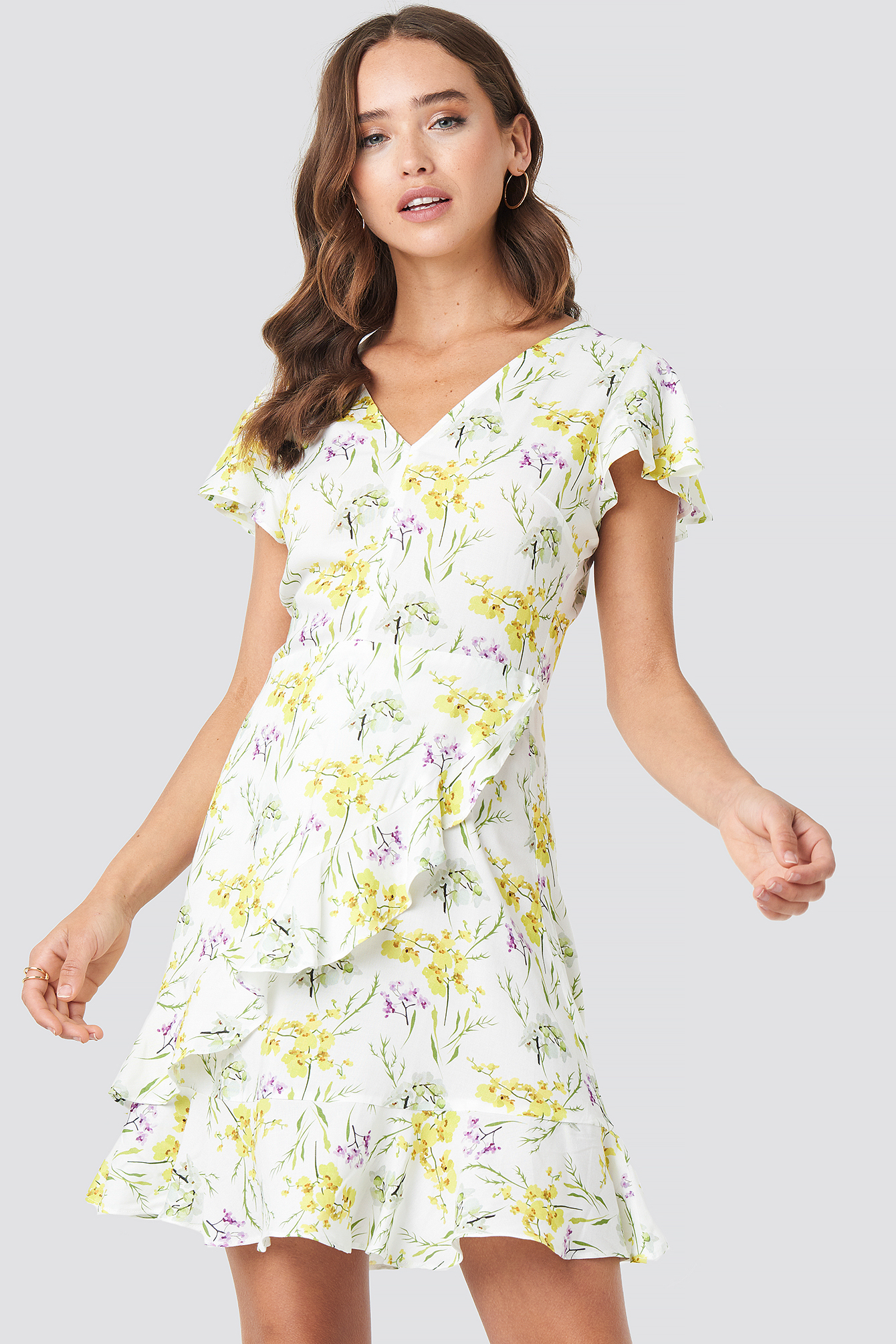 Flower Print Ruffle Wrap Mini Dress