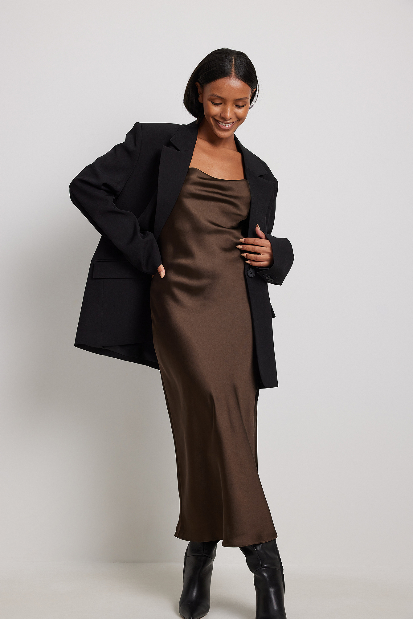 Satin Midi Dress Brown