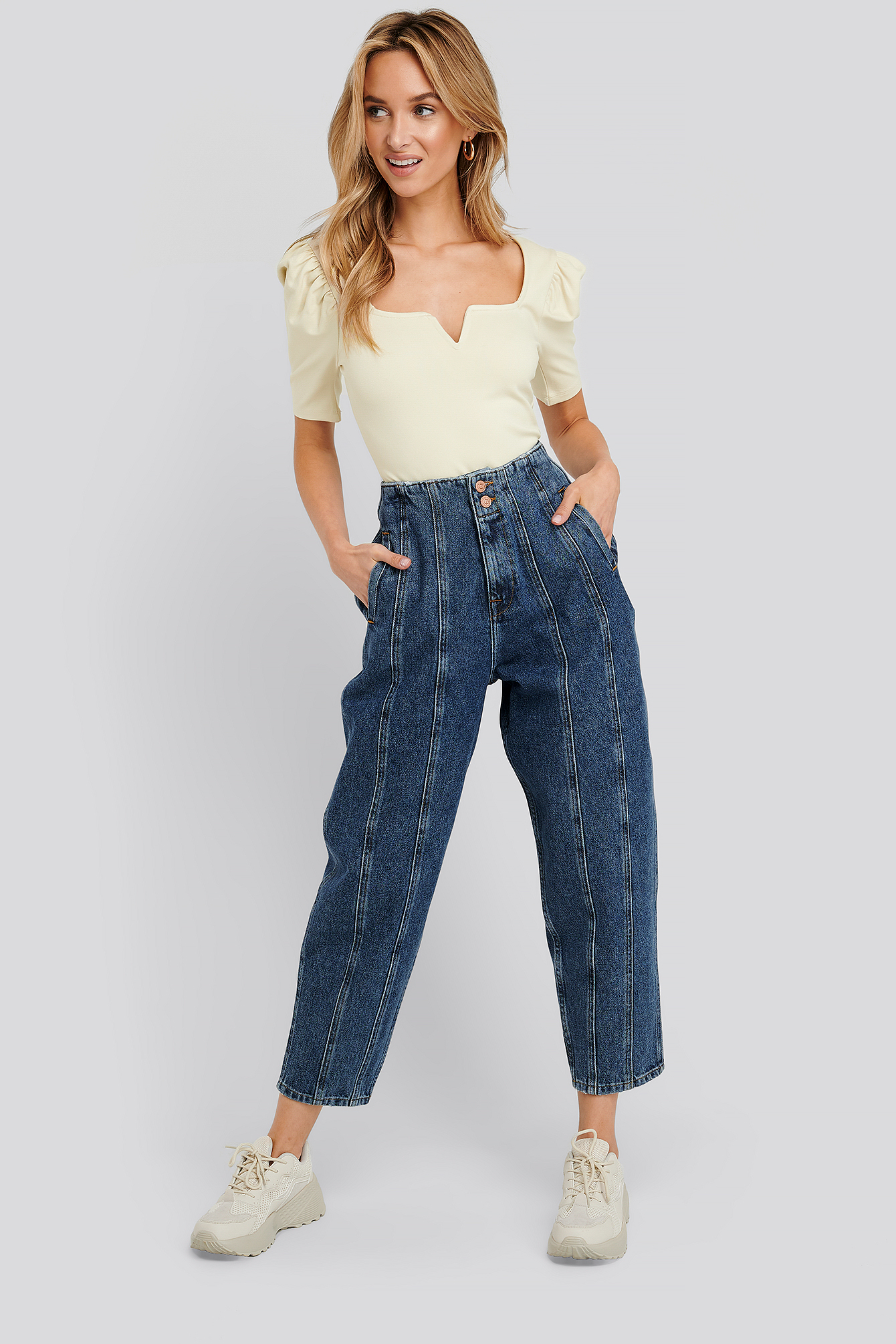 Mid Blue Wash Seam Detail Slouchy Jeans