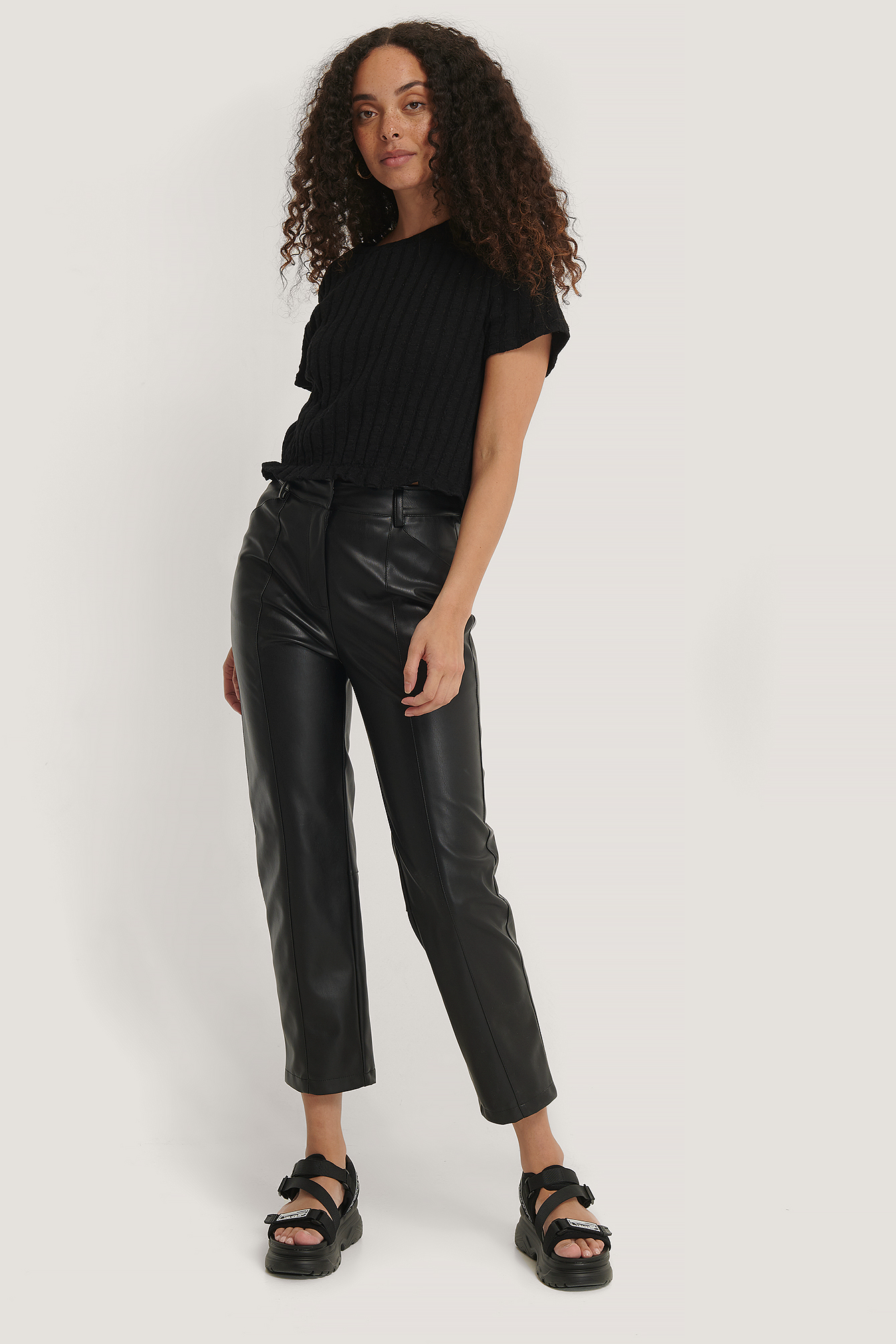 Black Seam Detail Straight PU Pants
