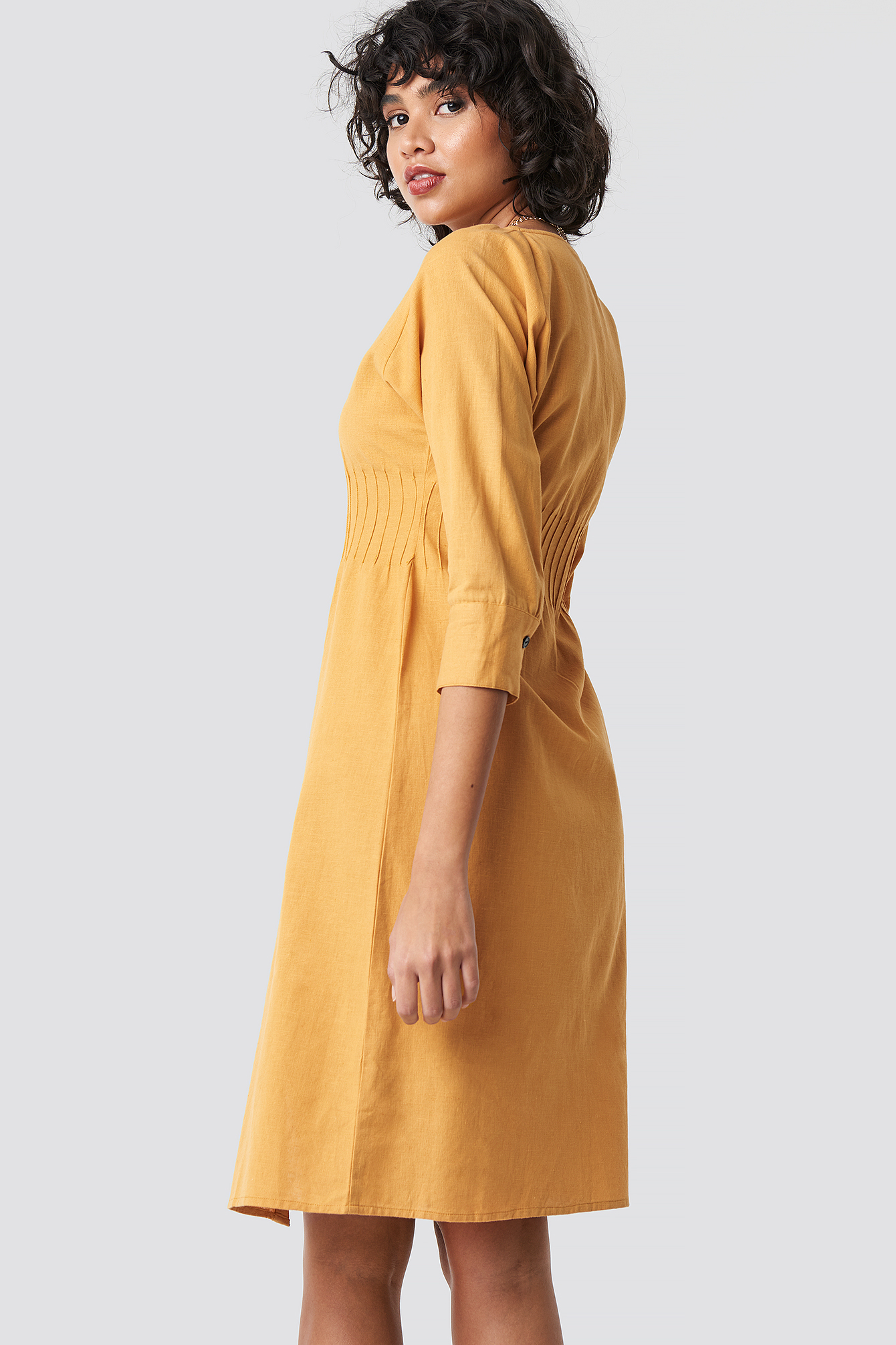 Mustard Yellow Shirred Waist Buttoned Midi Dress