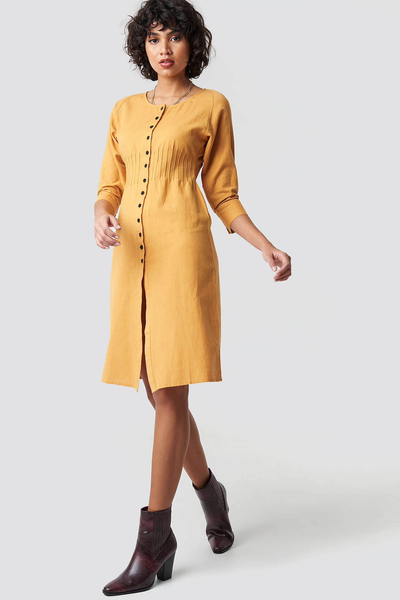 Mustard Yellow Shirred Waist Buttoned Midi Dress