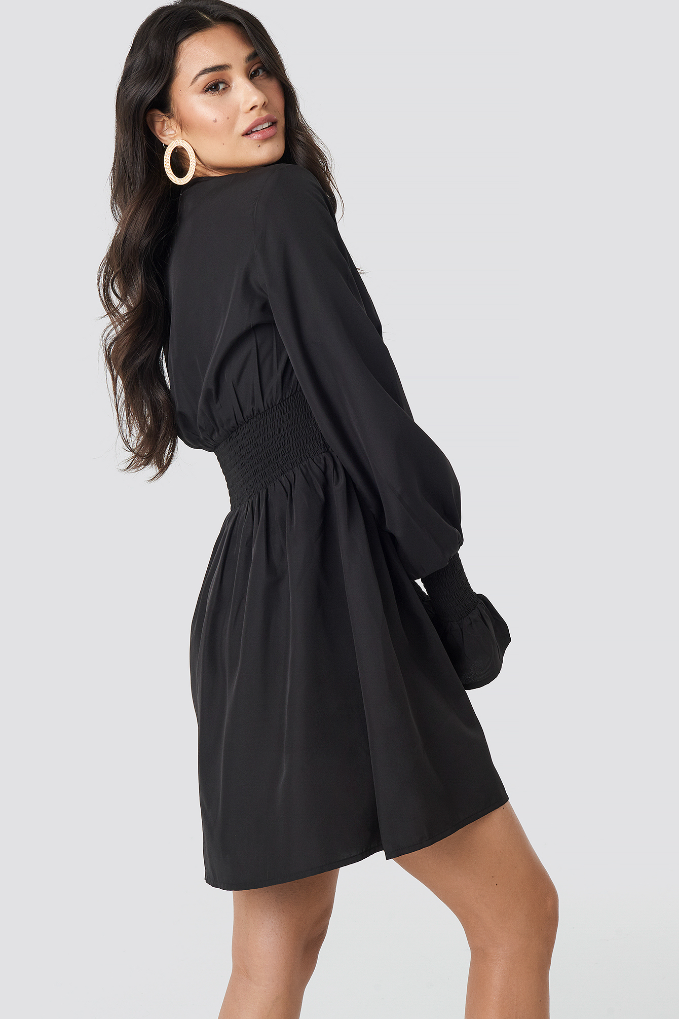 Black Shirred Waist Wrap Mini Dress