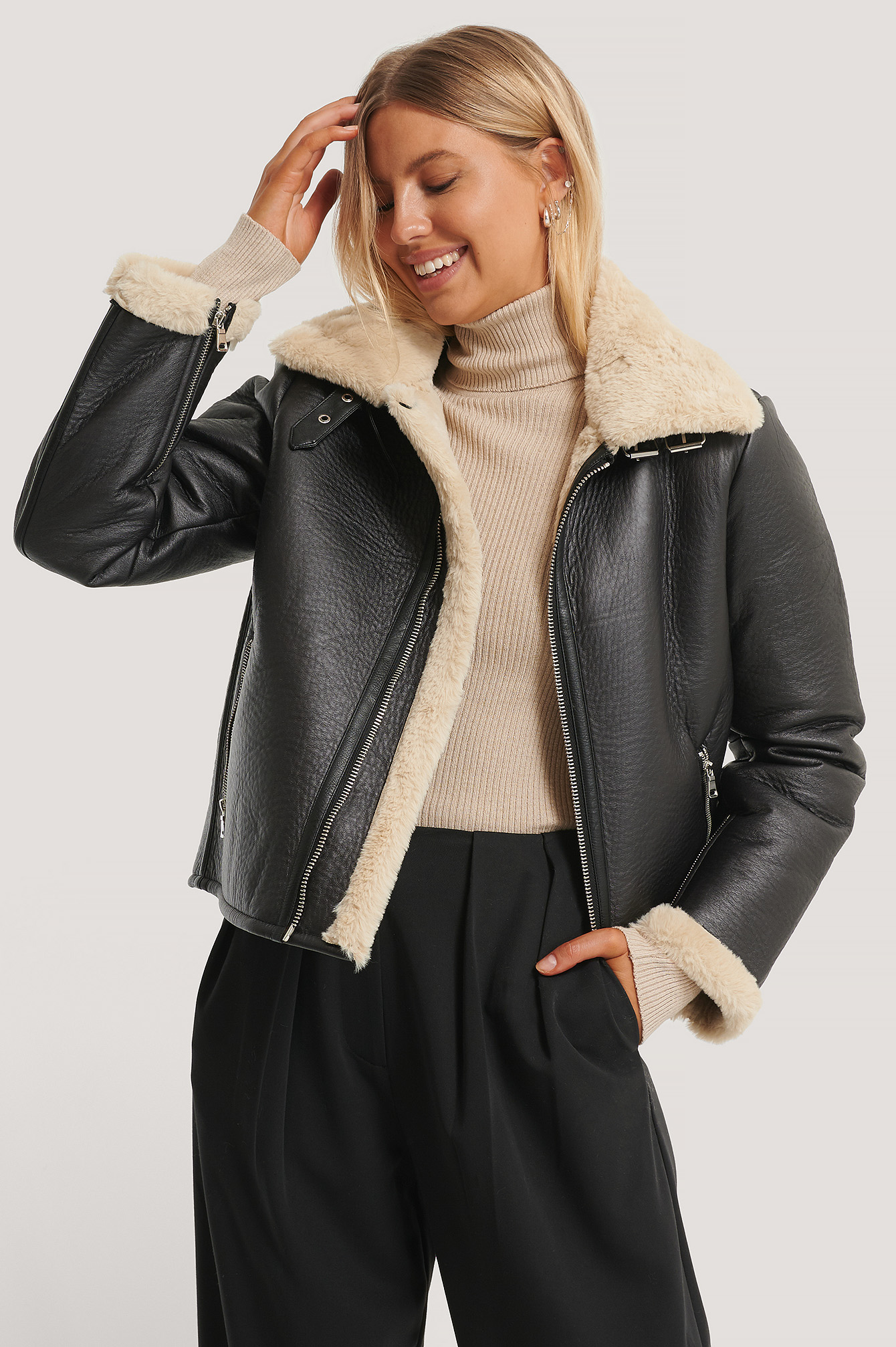 Black Veste Courte Aviateur En Faux Cuir