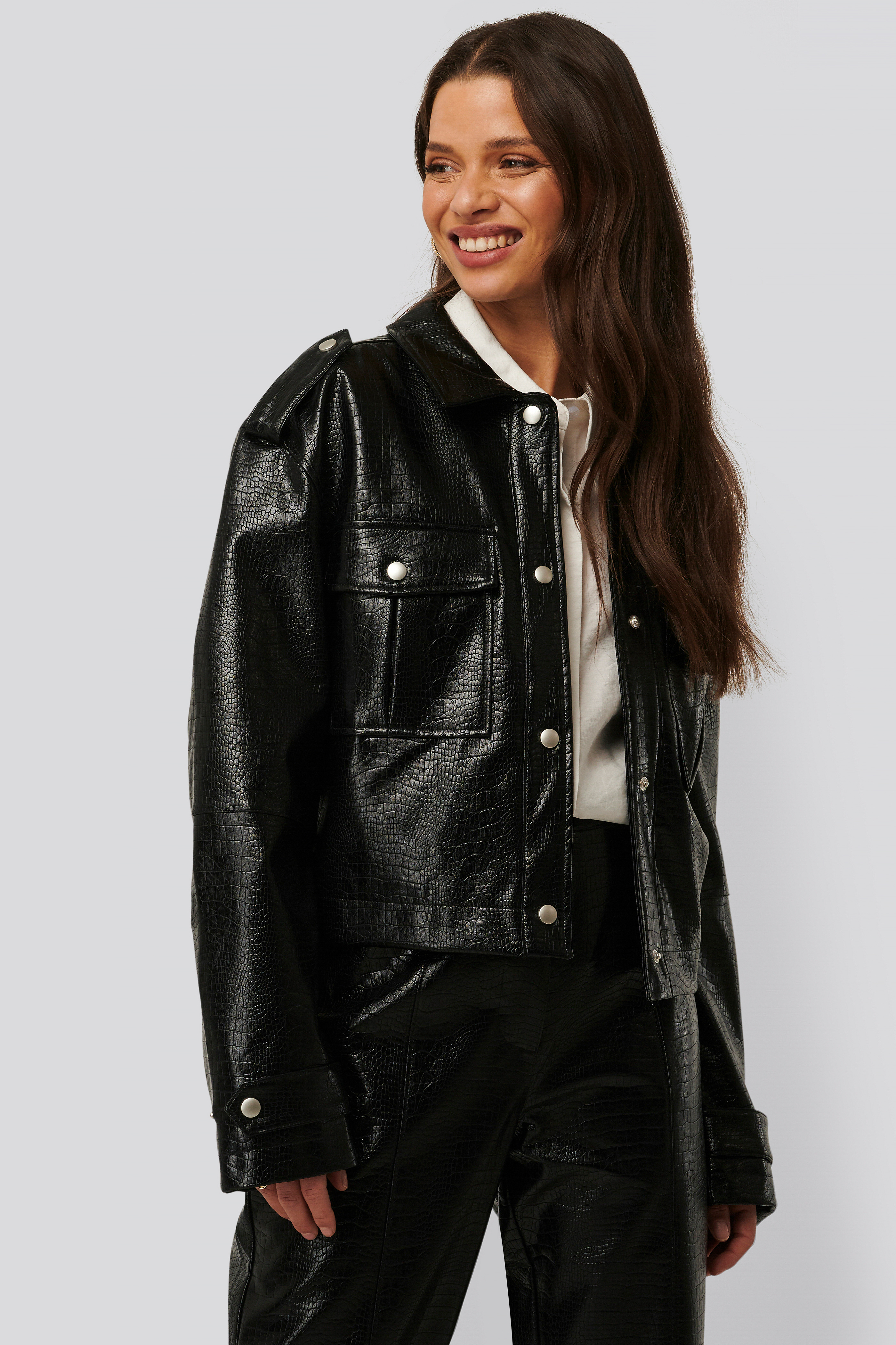 Black Short Buttoned Reptile PU Jacket