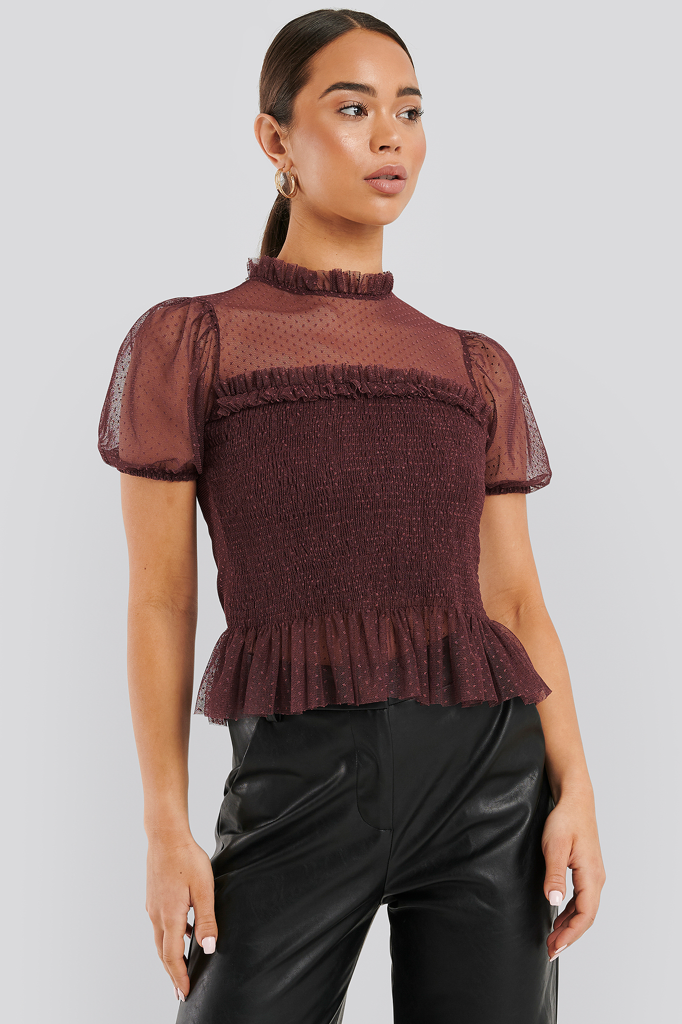 Burgundy Short Sleeve Lace Blouse