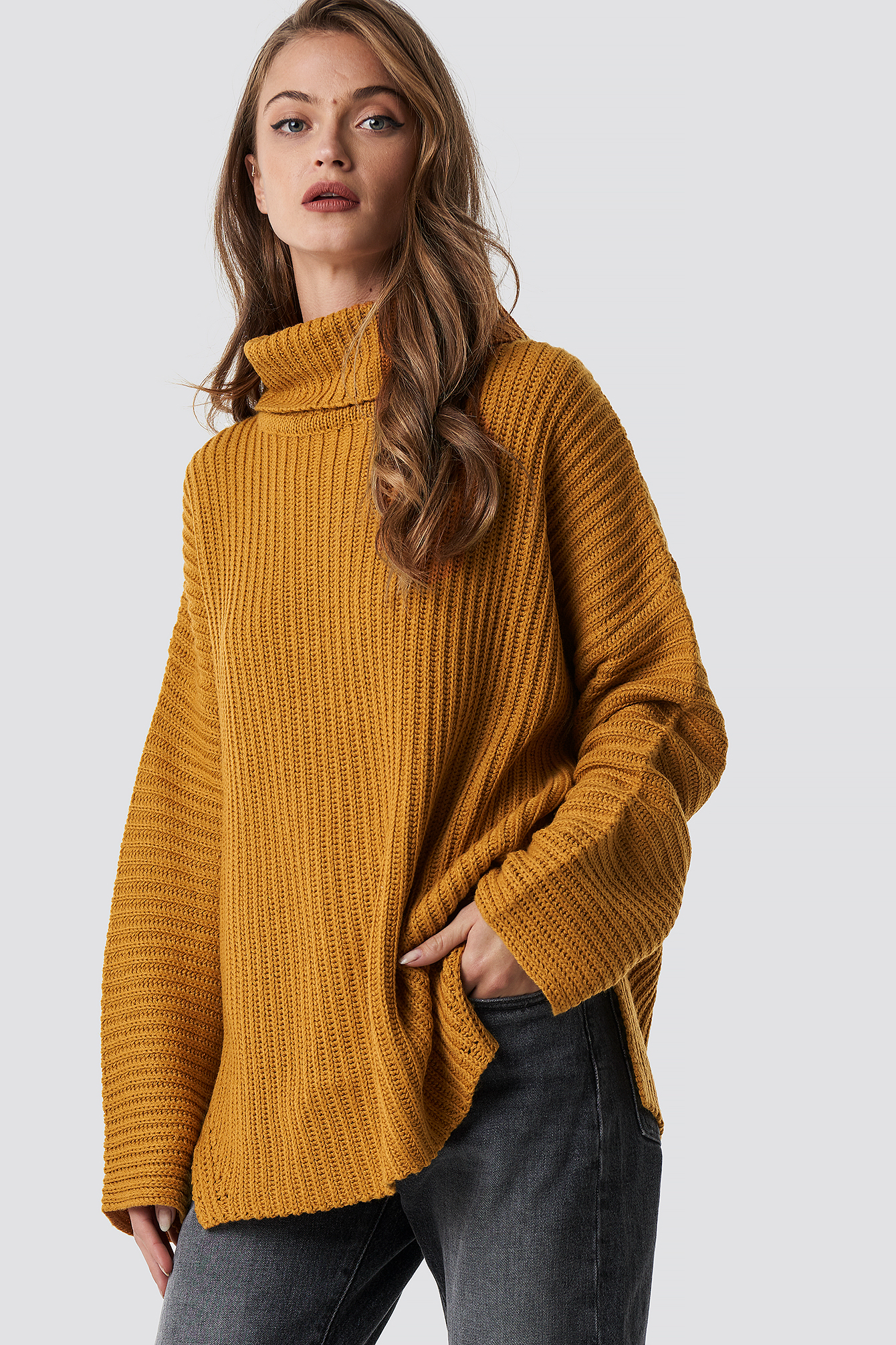 Mustard NA-KD Trend Side Slits High Neck Sweater