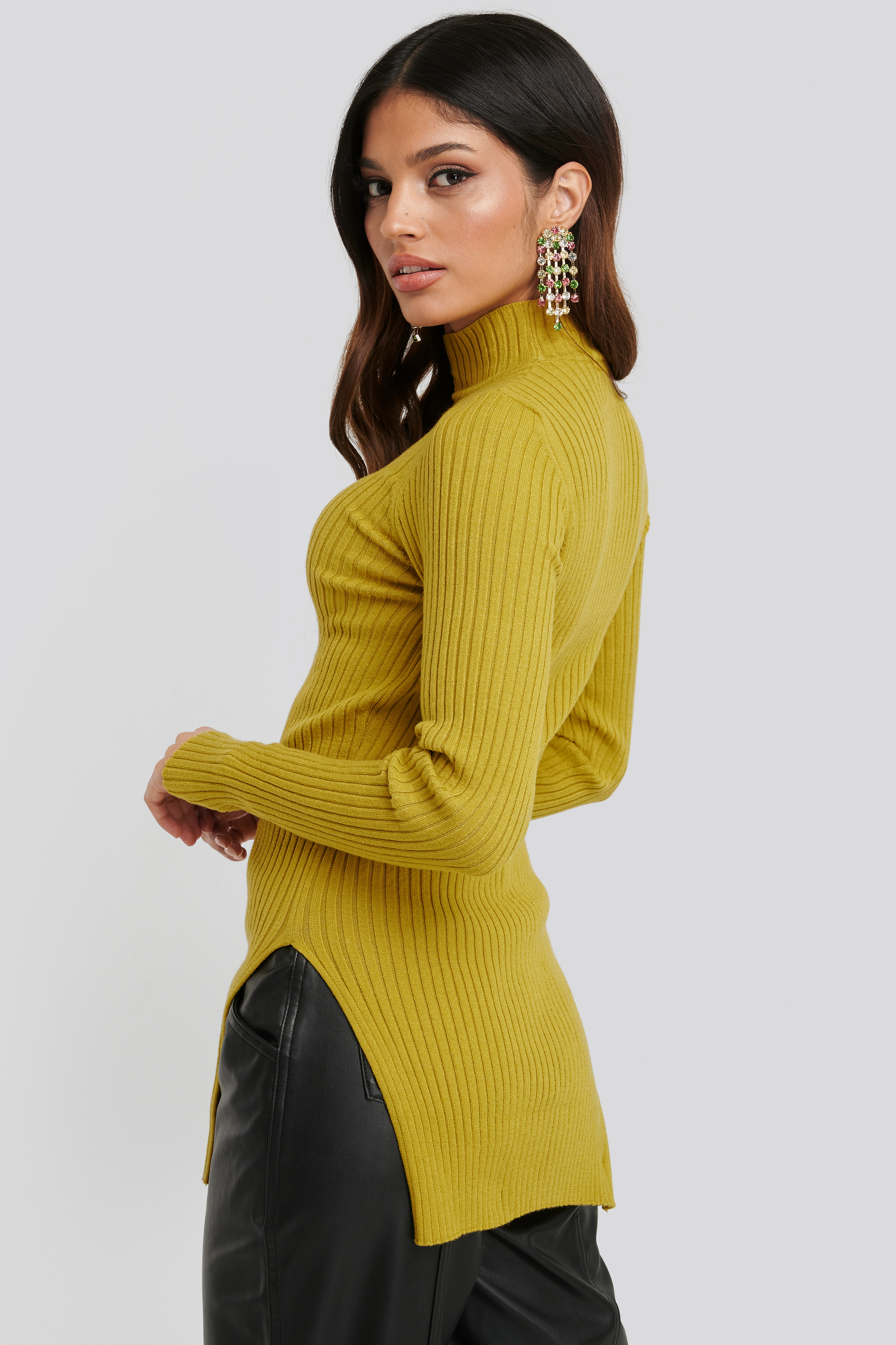 Yellow Side Split Ribbed Sweater