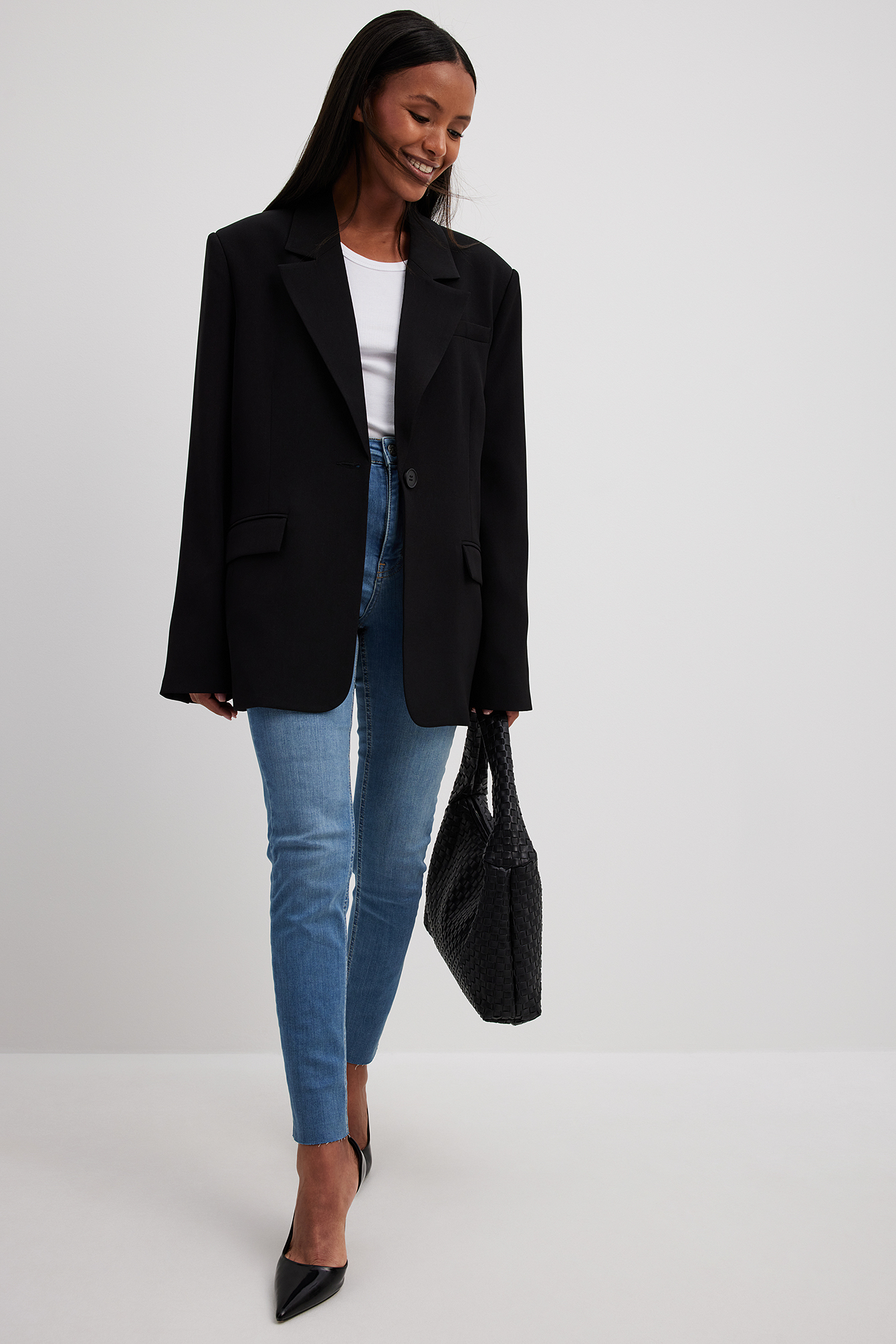 Jean slim taille haute à ourlet brut biologiques Bleu