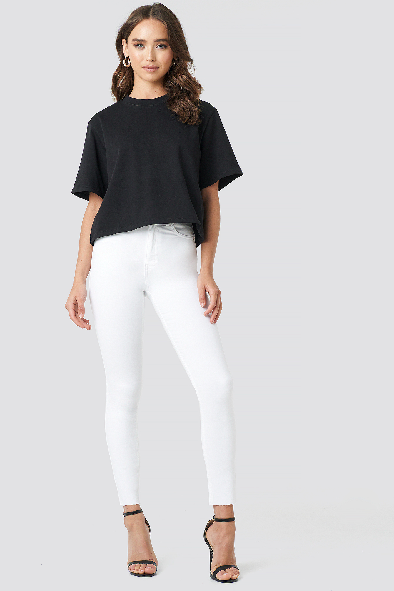 White Skinny High Waist Raw Hem Jeans