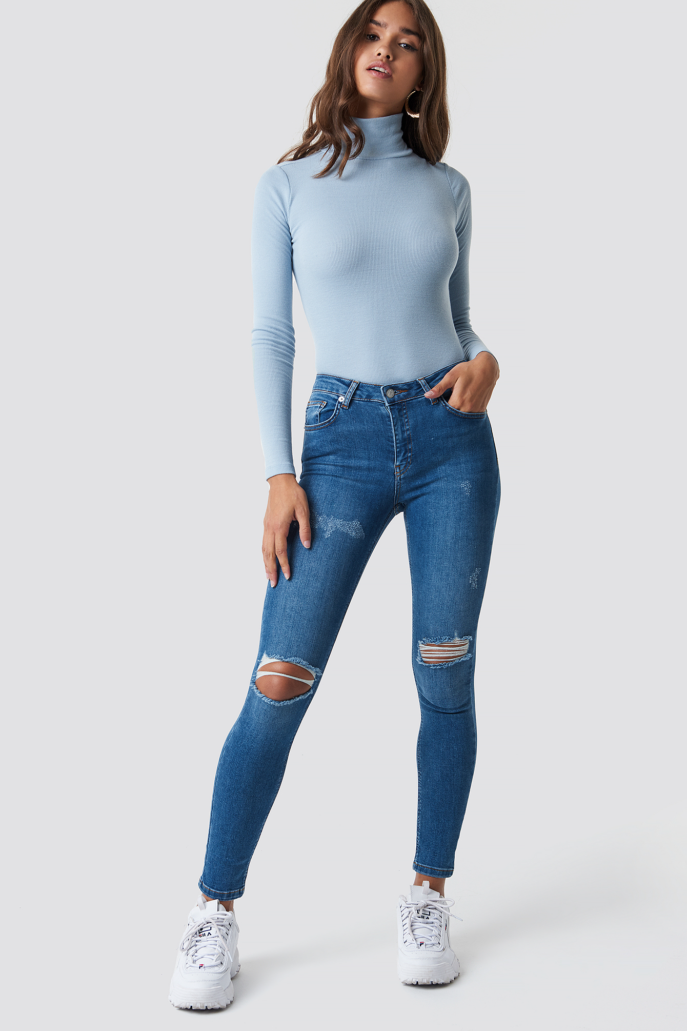 Mid Blue Skinny Mid Waist Destroyed Jeans