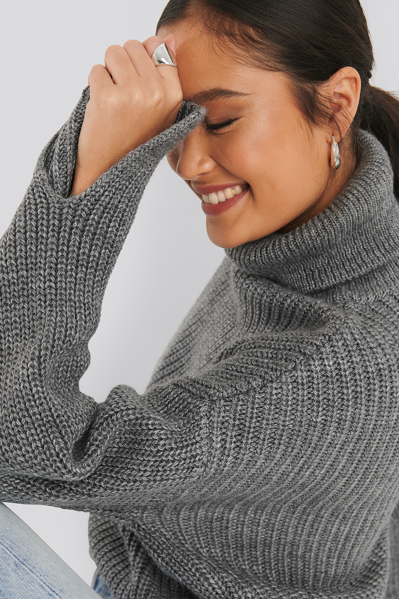 Grey Sleeve Slit Knitted Sweater
