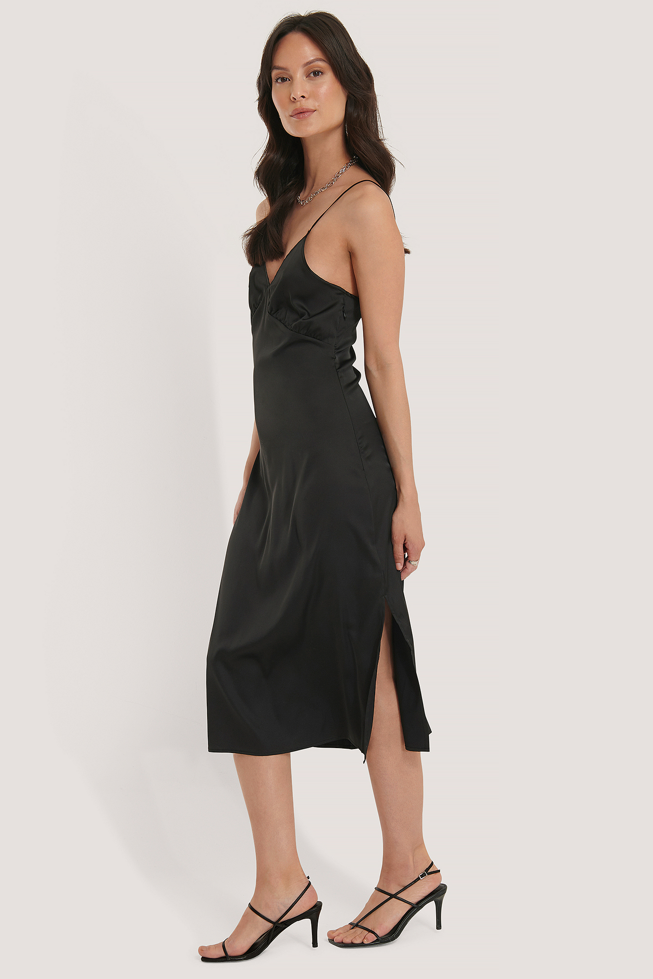 Black Slip Satin Slit Dress
