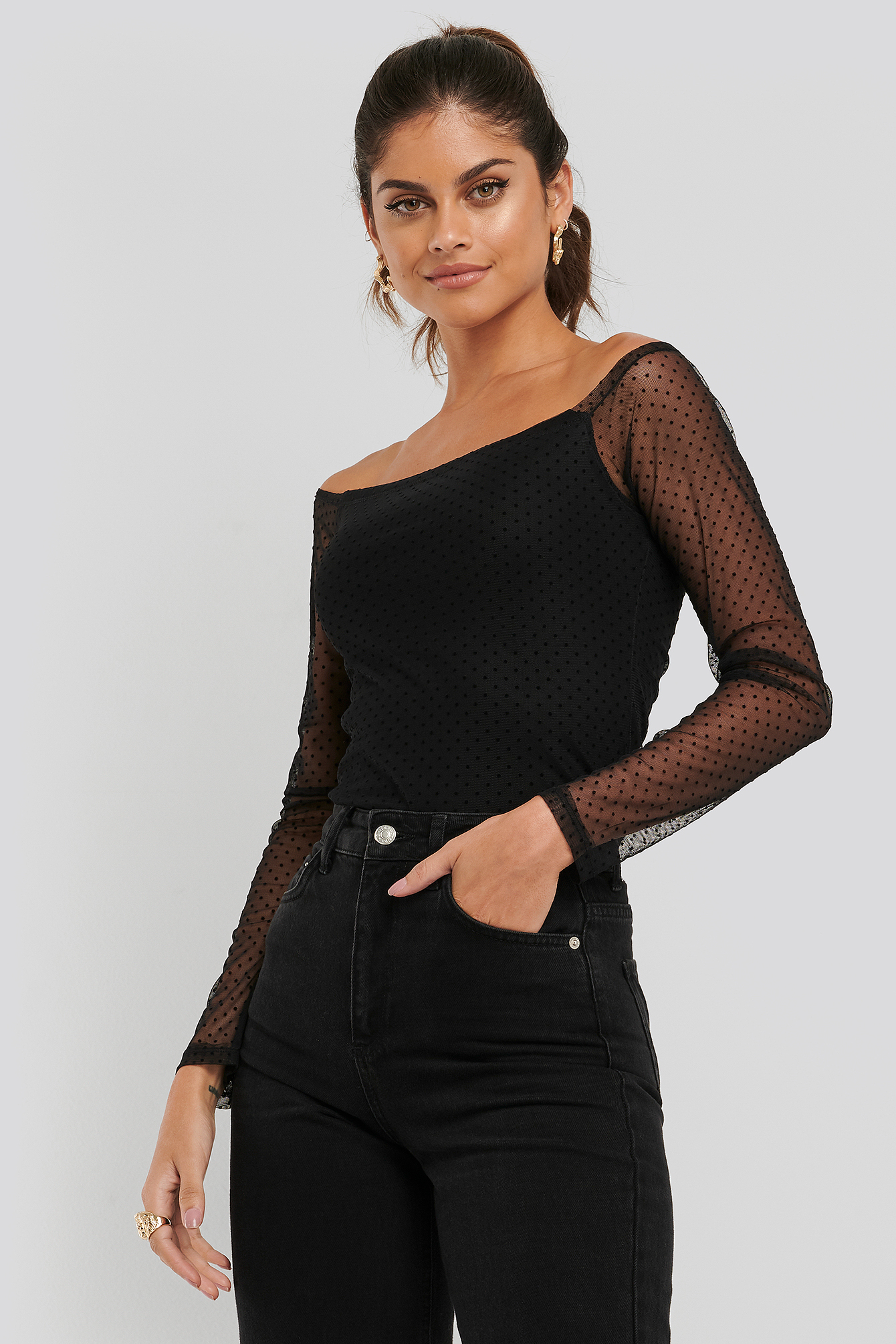 Black Slip Shoulder Dotted Mesh Top