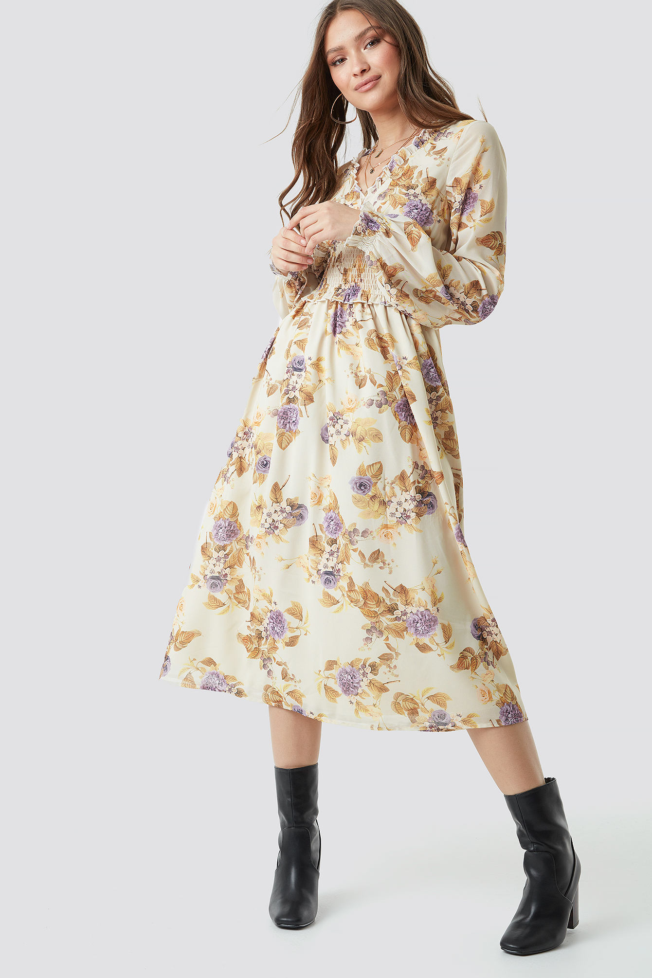 Soft Floral Pattern Smock Detail V-Neck Midi Dress