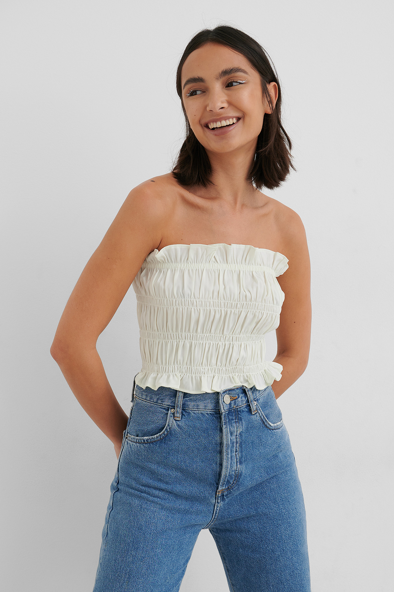 Off White Smocked Satin Top