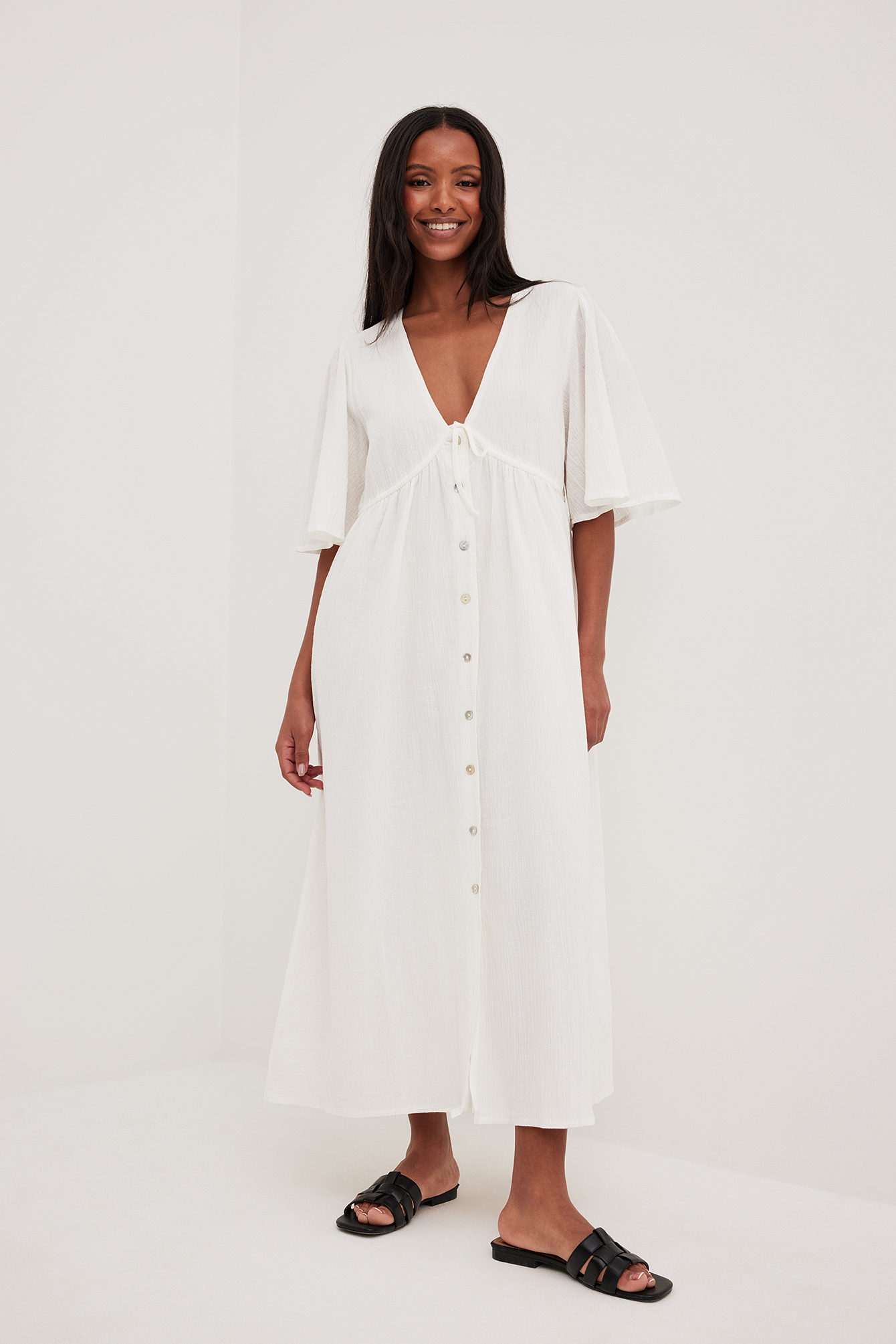Robe longue nouée à la taille en coton doux