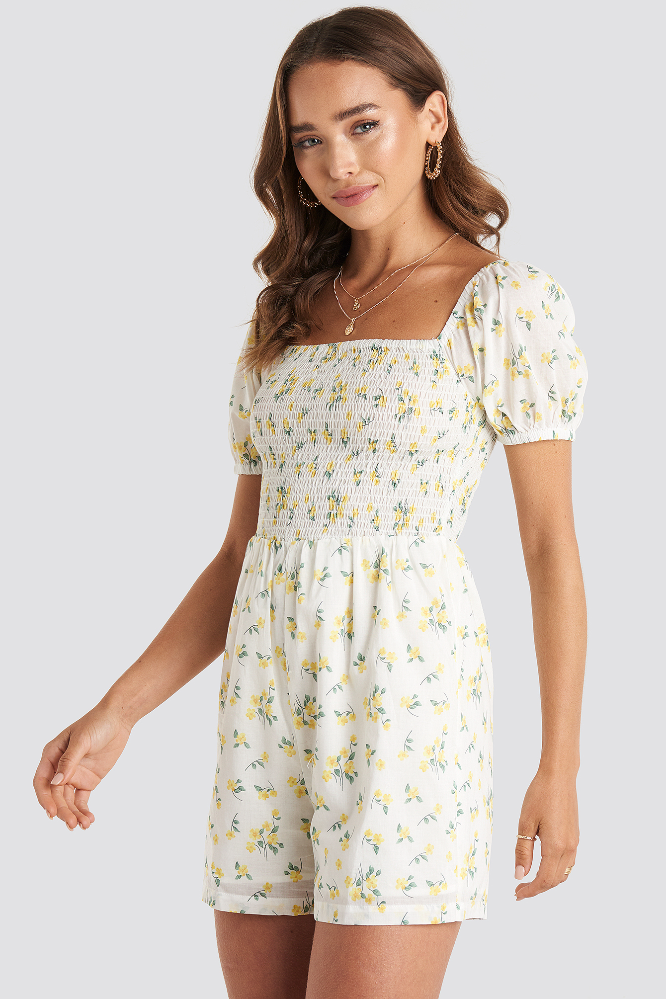 Yellow Flower Square Neck Shirred Playsuit