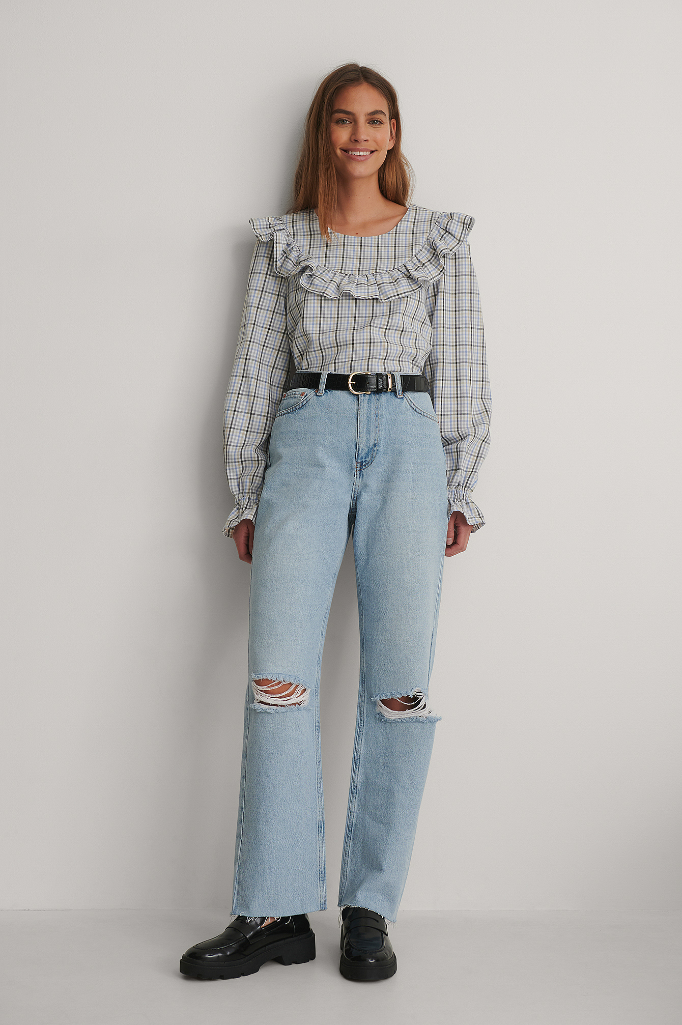 Light Blue Biologique Jean Déchiré Droit Taille Haute