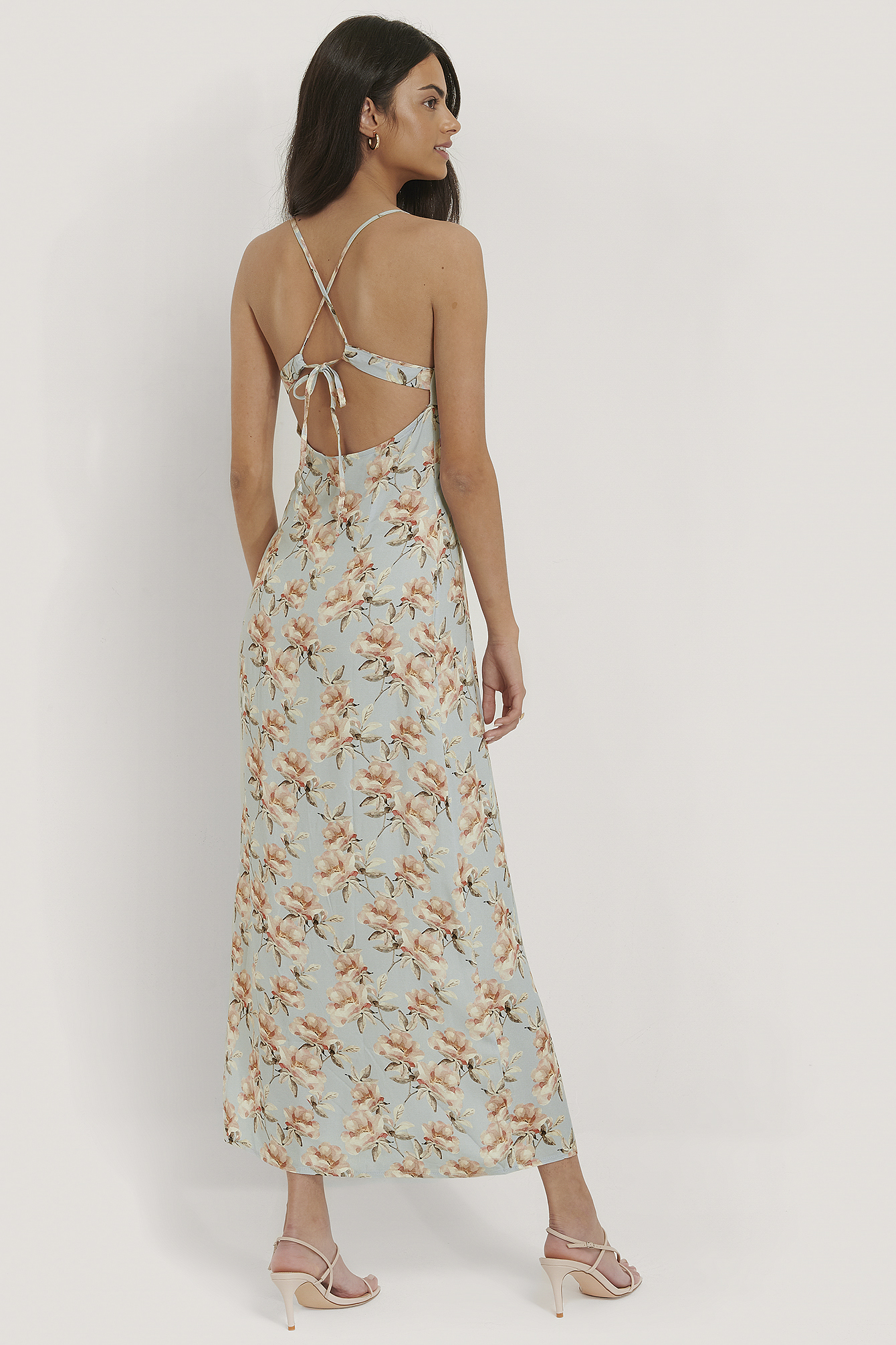 Light Blue Flower Robe À Bretelles Nouées Au Dos