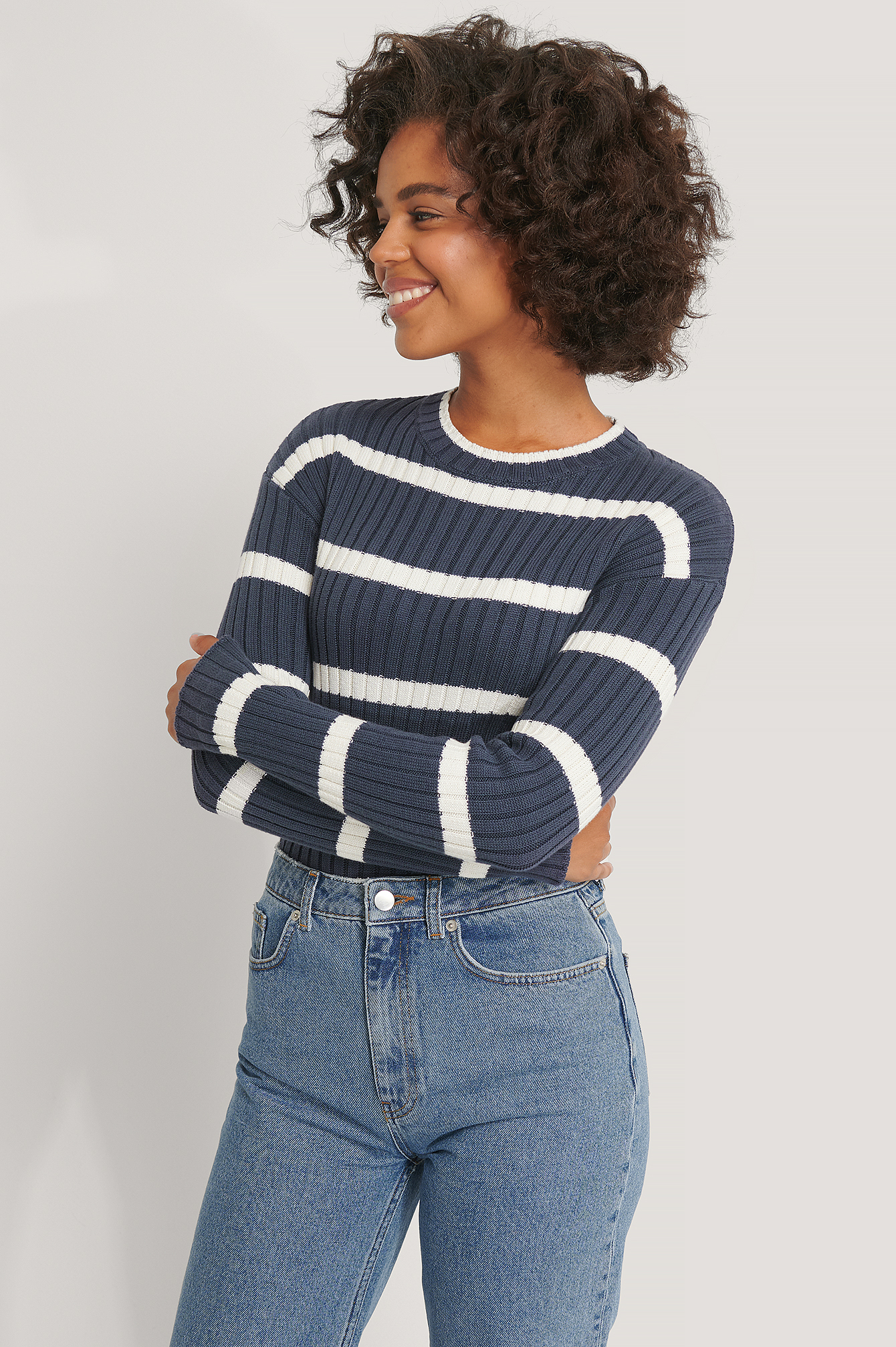 Navy/White Pull En Tricot À Col Rond Rayé