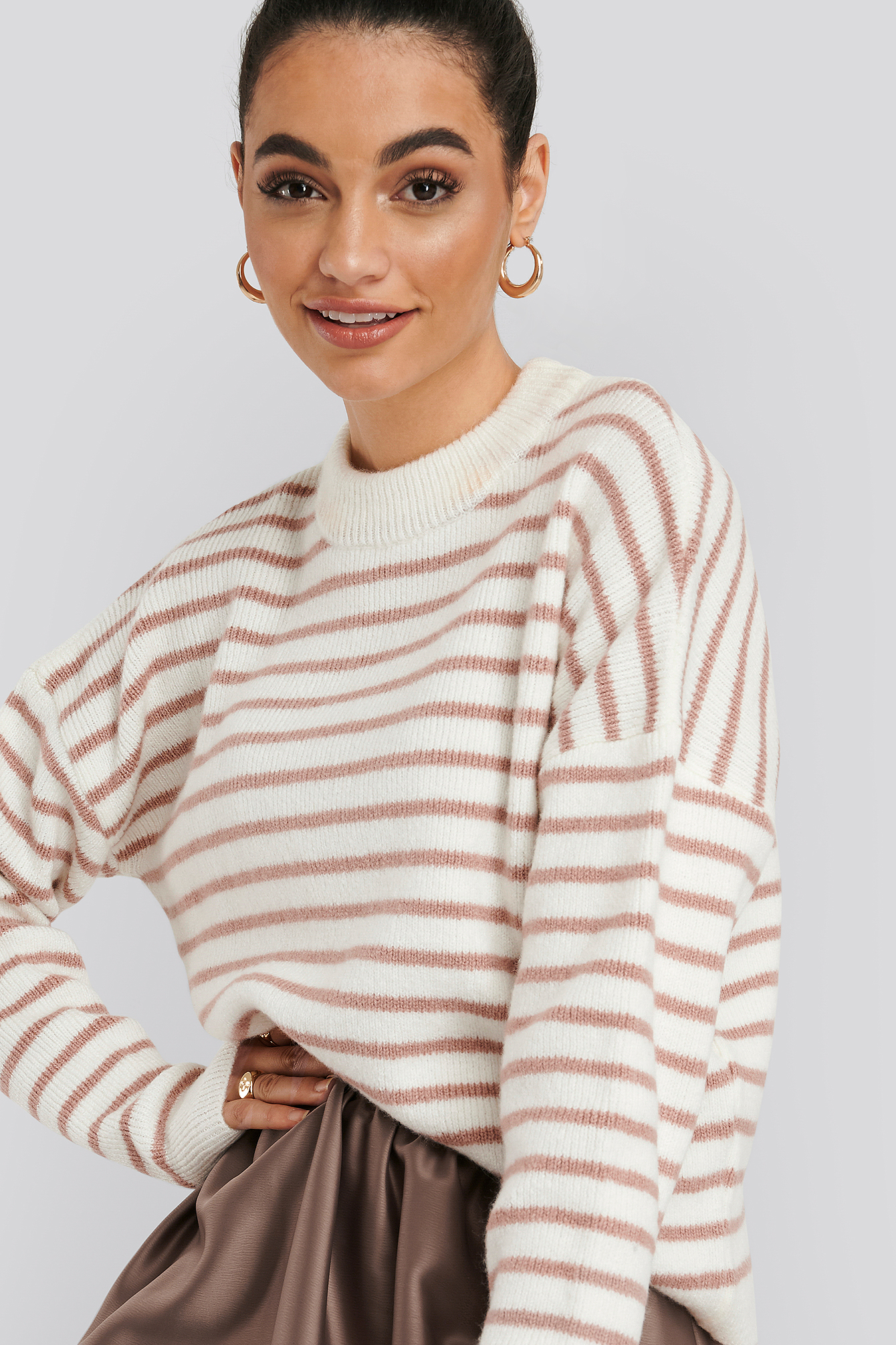 Pink/White NA-KD Striped Round Neck Knitted Sweater