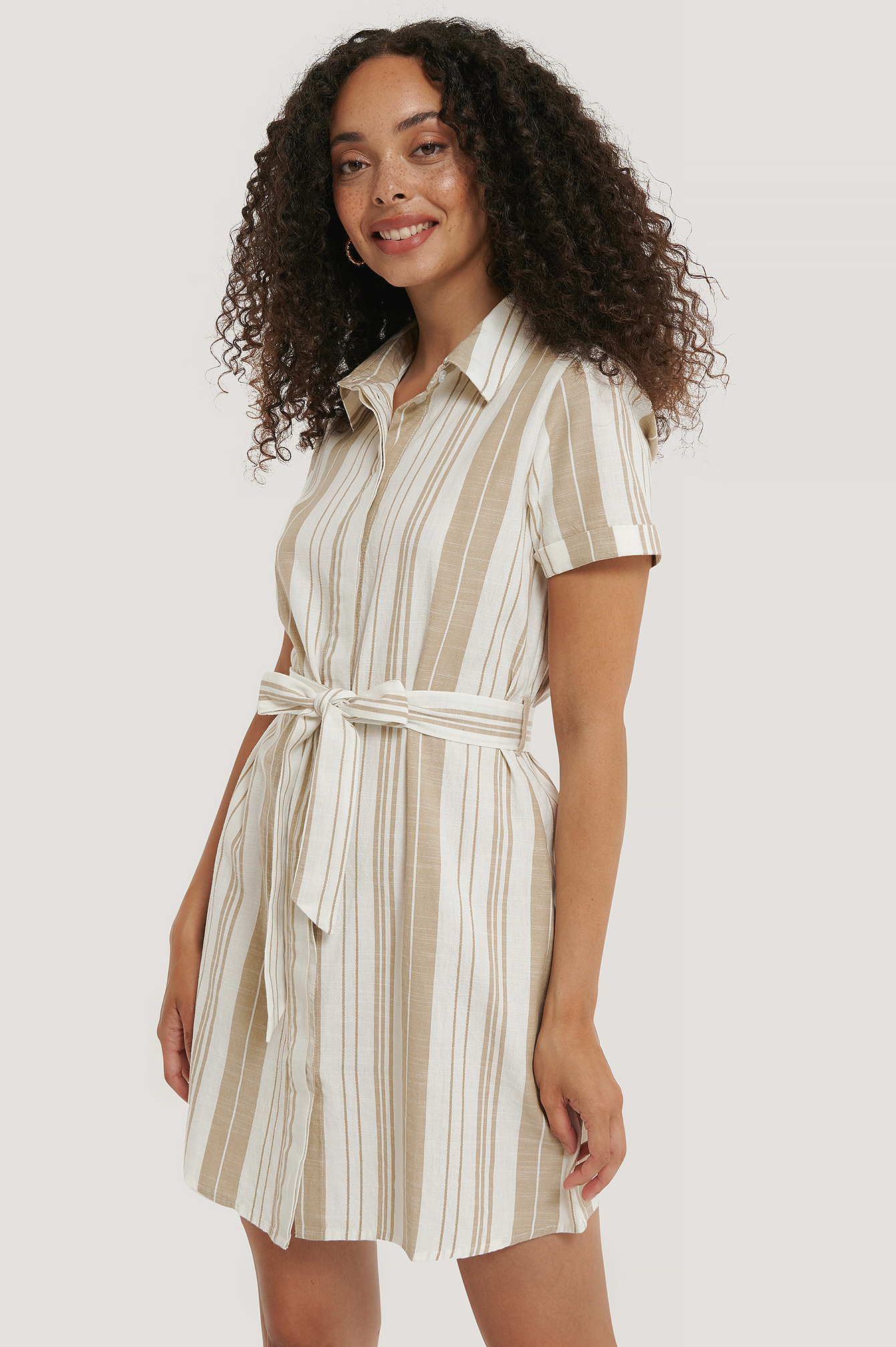 Beige/White Stripe Robe À Nouer À La Taille