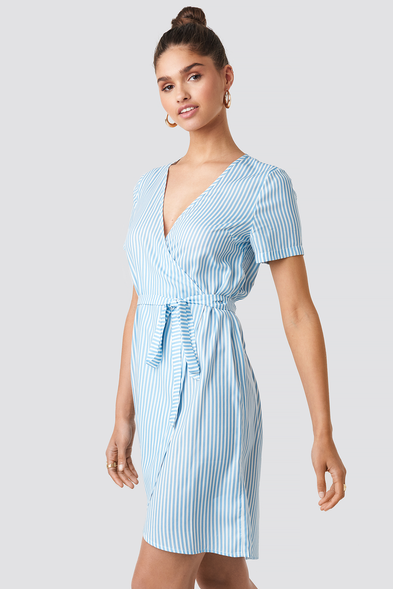 Light Blue NA-KD Striped Wrap Mini Dress