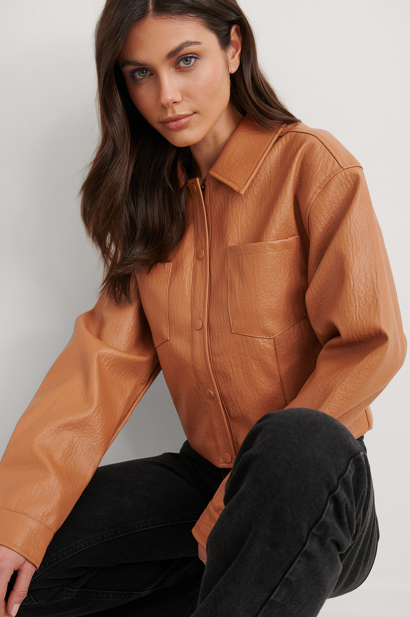 Burnt Orange Veste Courte Faux Cuir