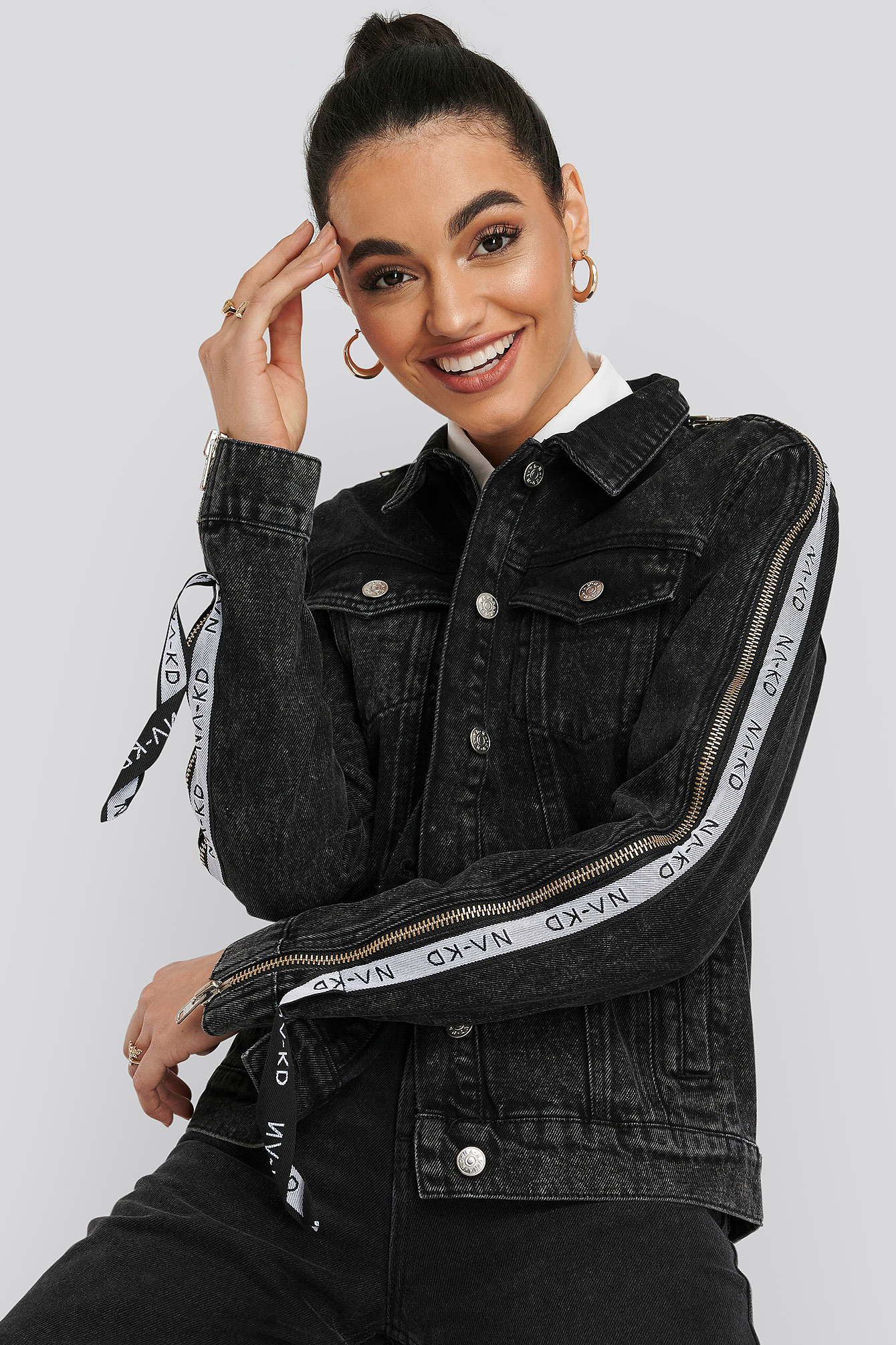 Black Tape Zip Detail Denim Jacket