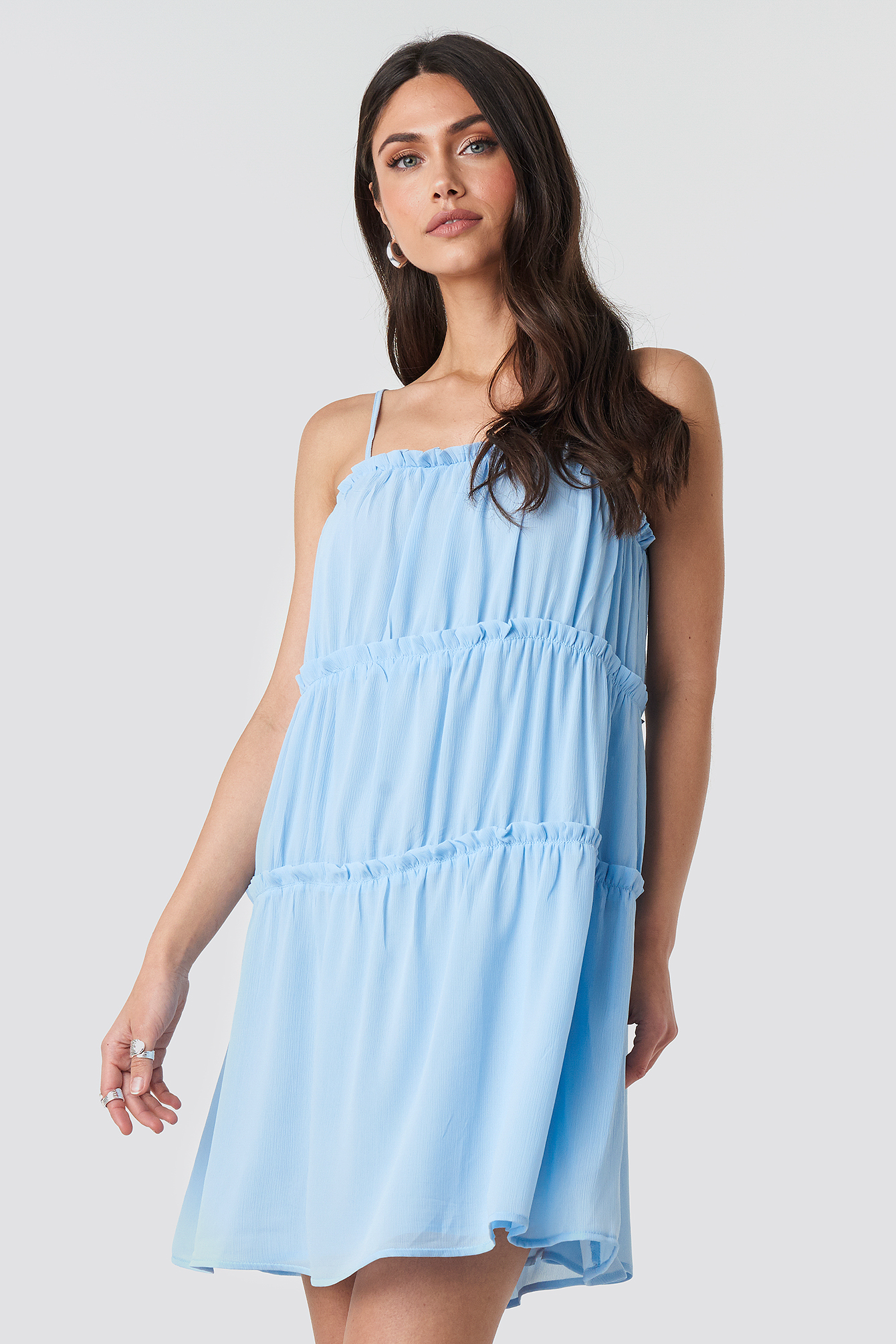 Light Blue Thin Strap Tiered Mini Dress