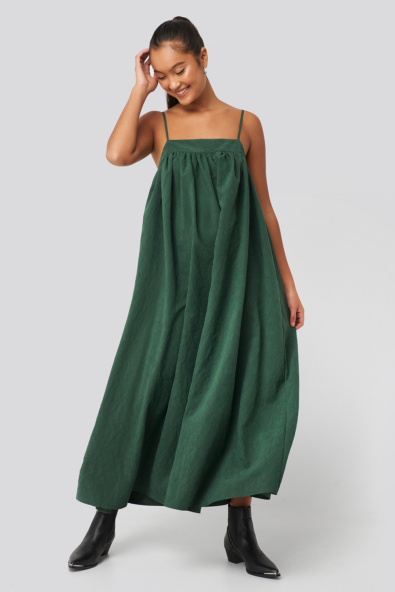 Dark Green Thin Strap Volume Midi Dress