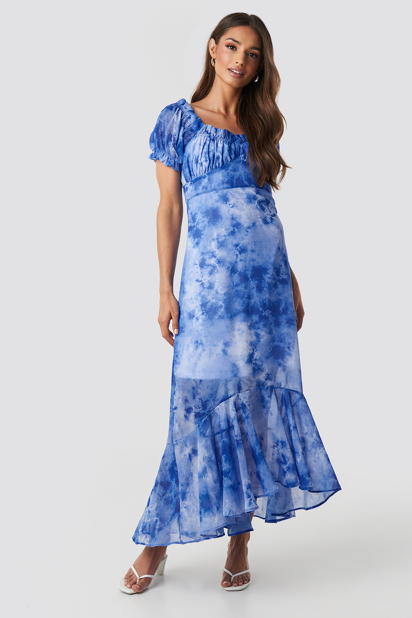 Blue Tie Dye Puff Sleeve Maxi Dress