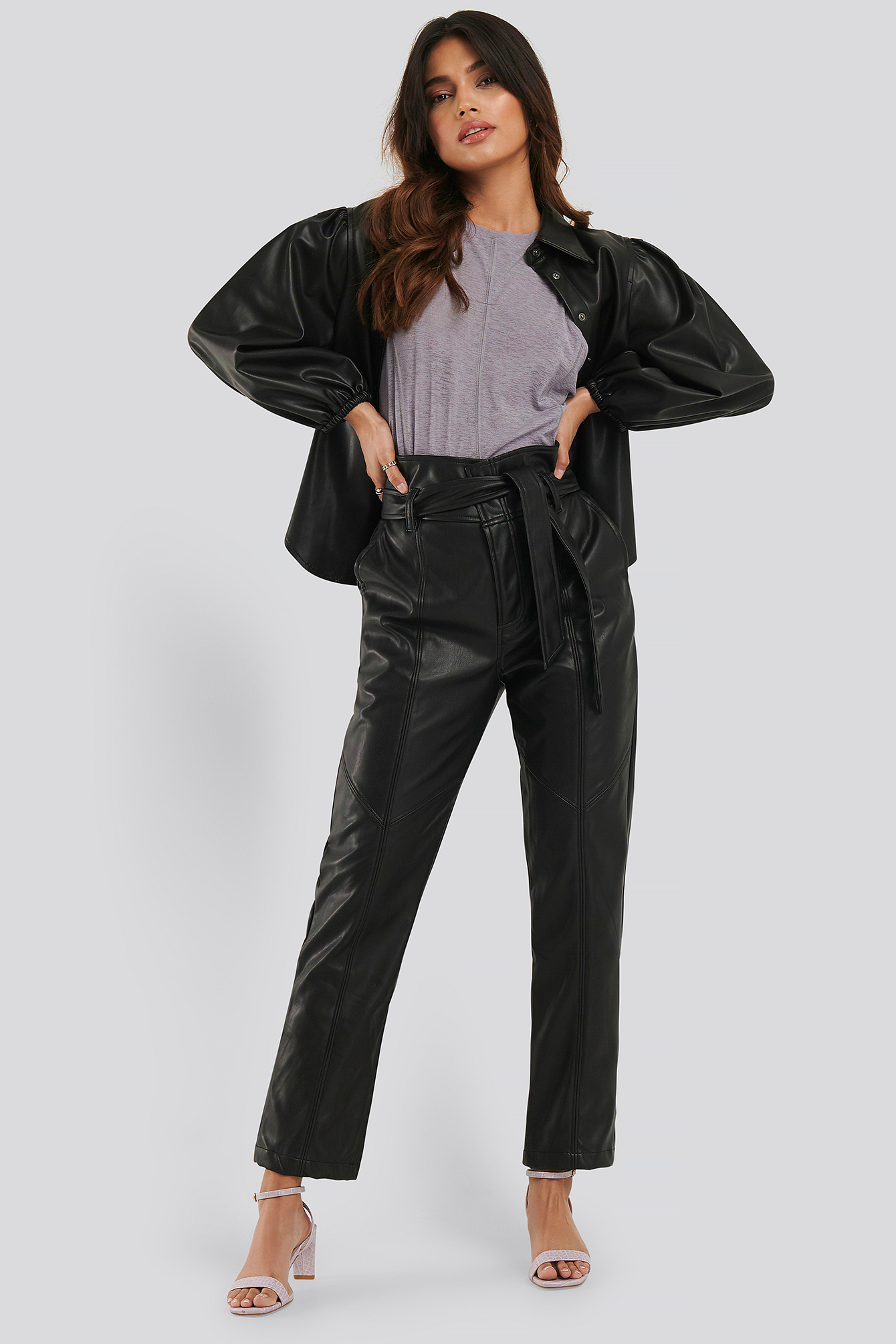 Black Tie Waist PU Pants