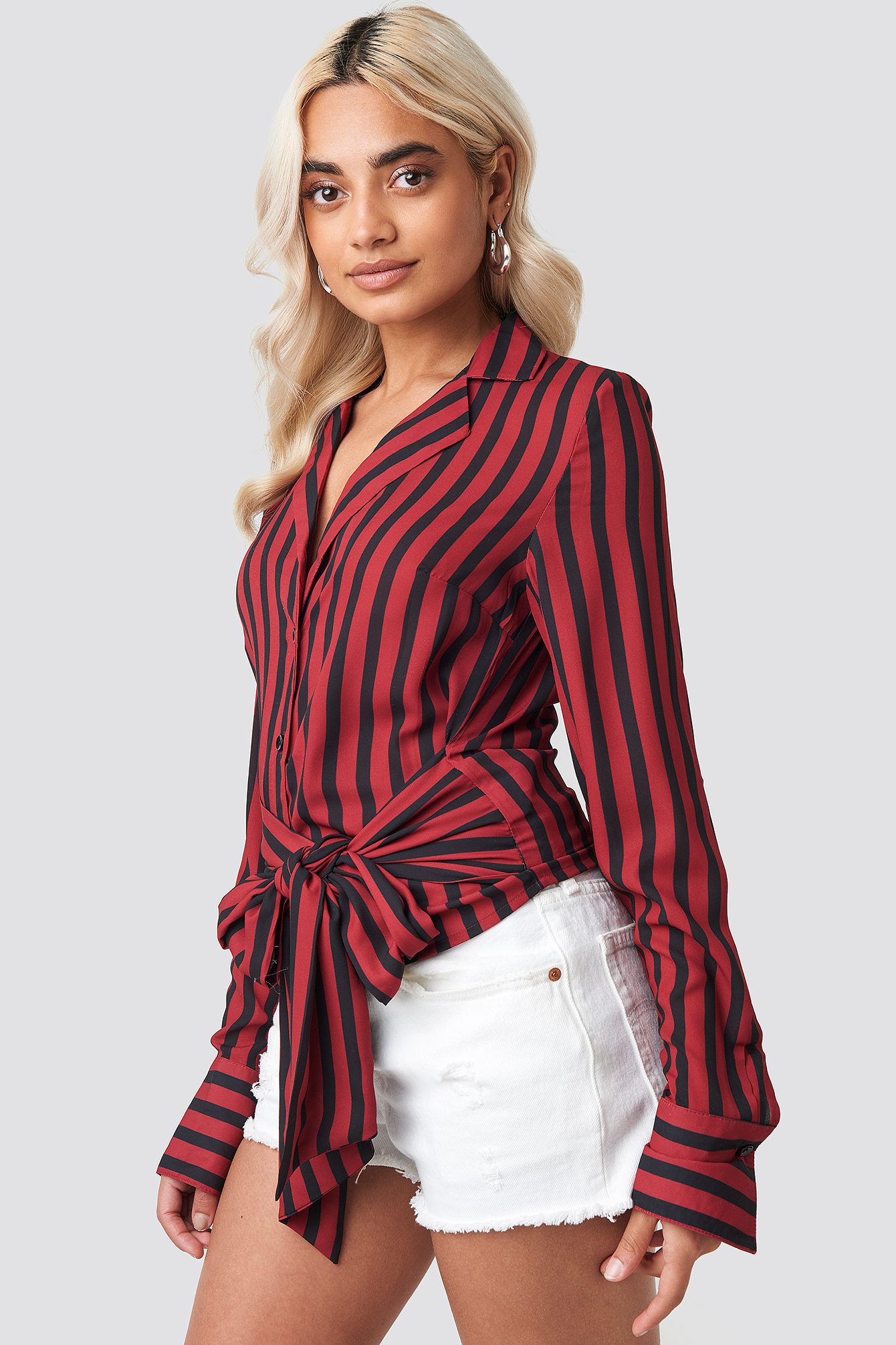Black/Red NA-KD Trend Tied Waist Striped Shirt