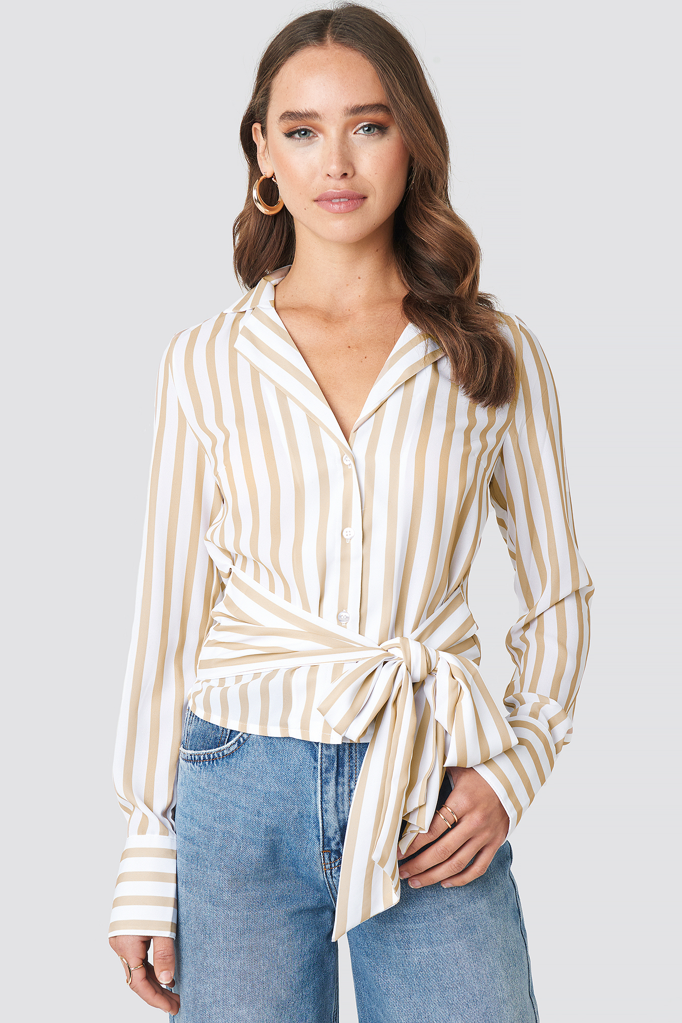 White/Beige Stripe NA-KD Trend Tied Waist Striped Shirt