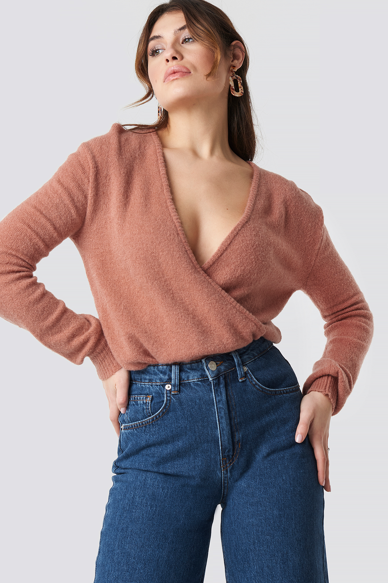 Dusty Pink NA-KD V-Neck Overlap Knitted Sweater