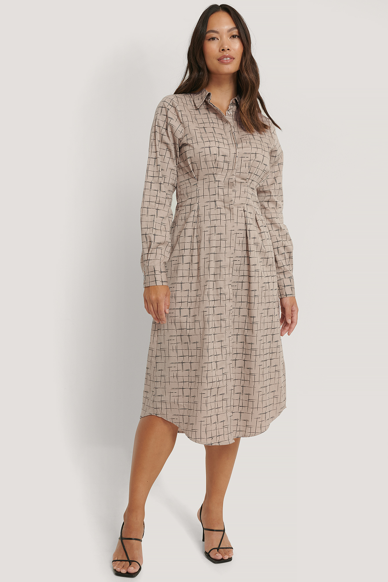 Check Robe Chemise Mi-Longue Taille Plissée
