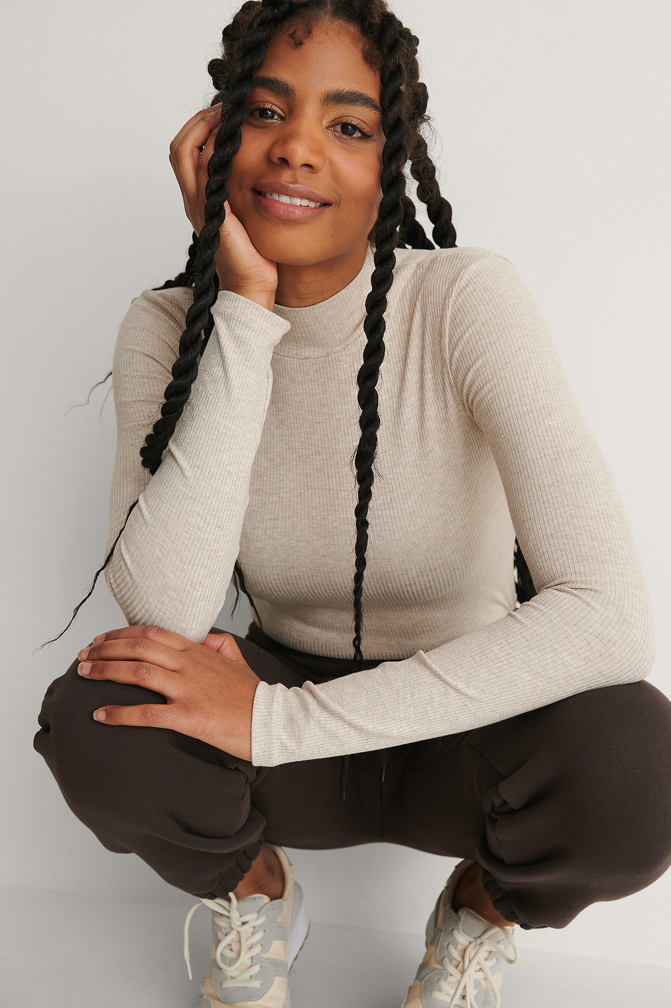 Beige Melange Haut Côtelé À Col Roulé