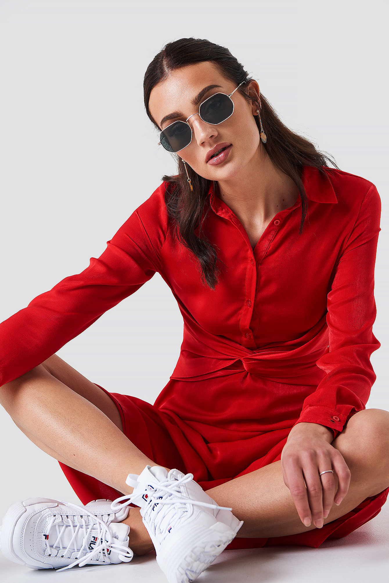 Red NA-KD Trend Twisted Waist Shirt Midi Dress