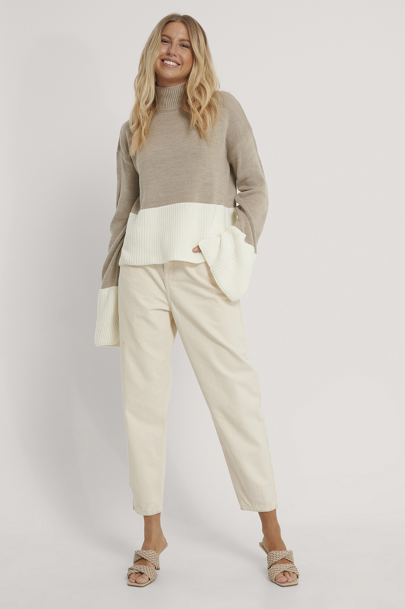 Beige/White Pull Tricoté Bicolore