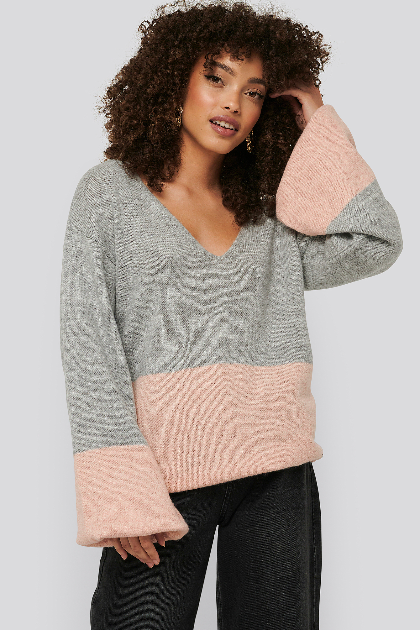 Grey/Pink Two Coloured Puff Sleeve Sweater