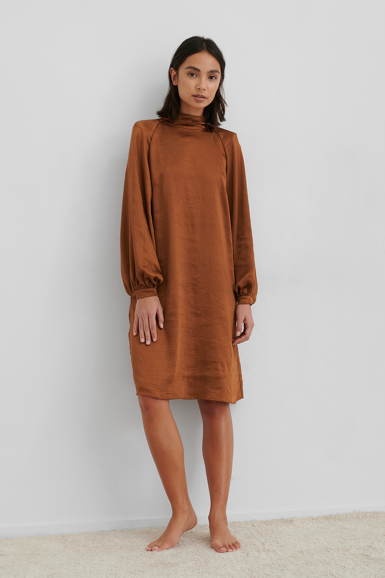 Rust Volume Sleeve Satin Dress