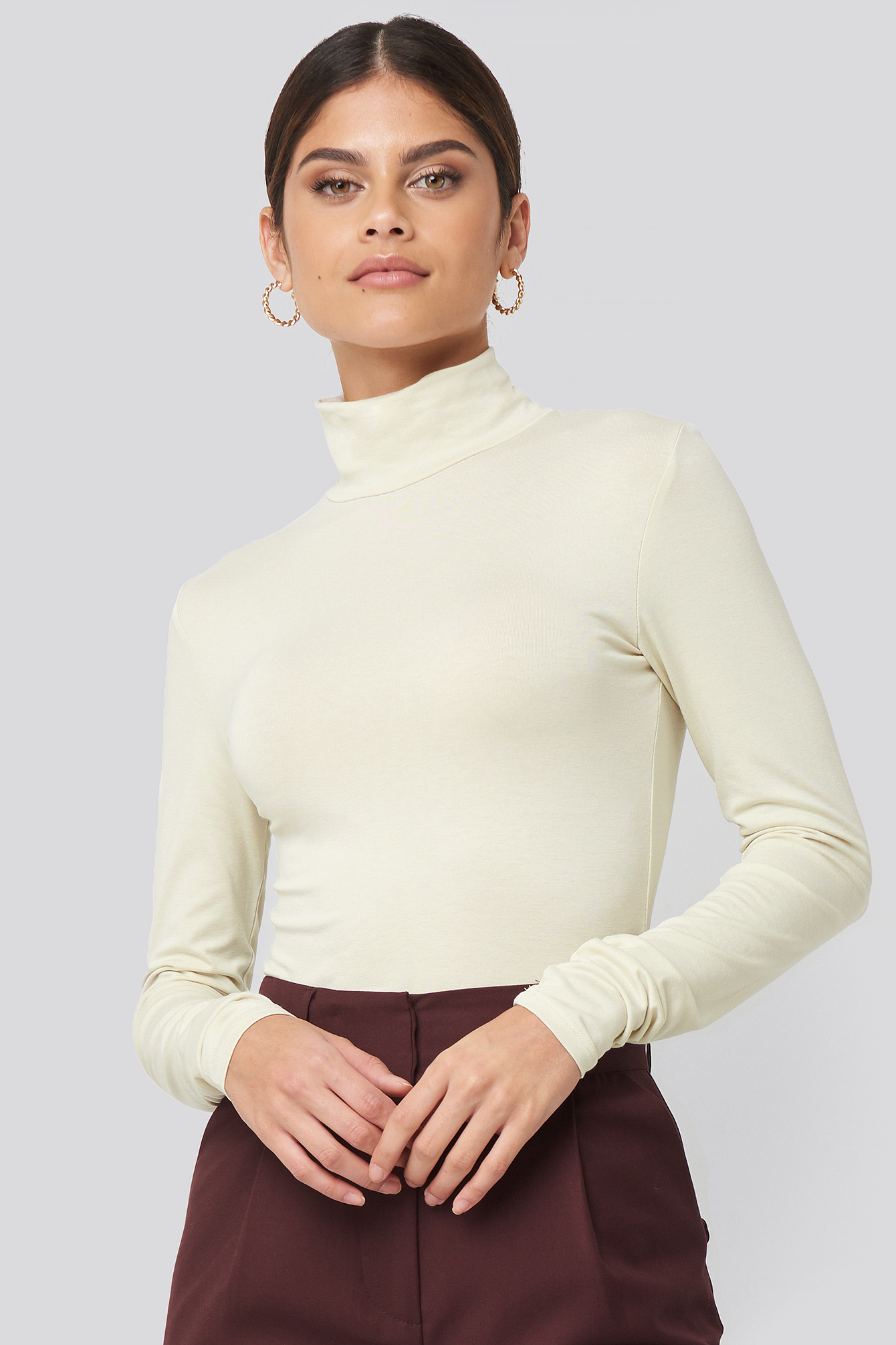 Dusty Light Beige Viscose Long Sleeve Polo Top