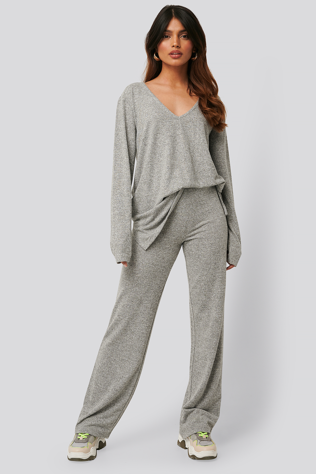 Grey Melange Pantalon Large En Maille