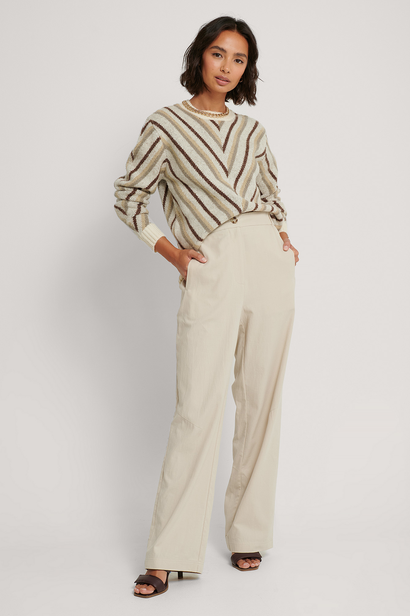 Off White Pantalon Jambe Large Et Taille Haute